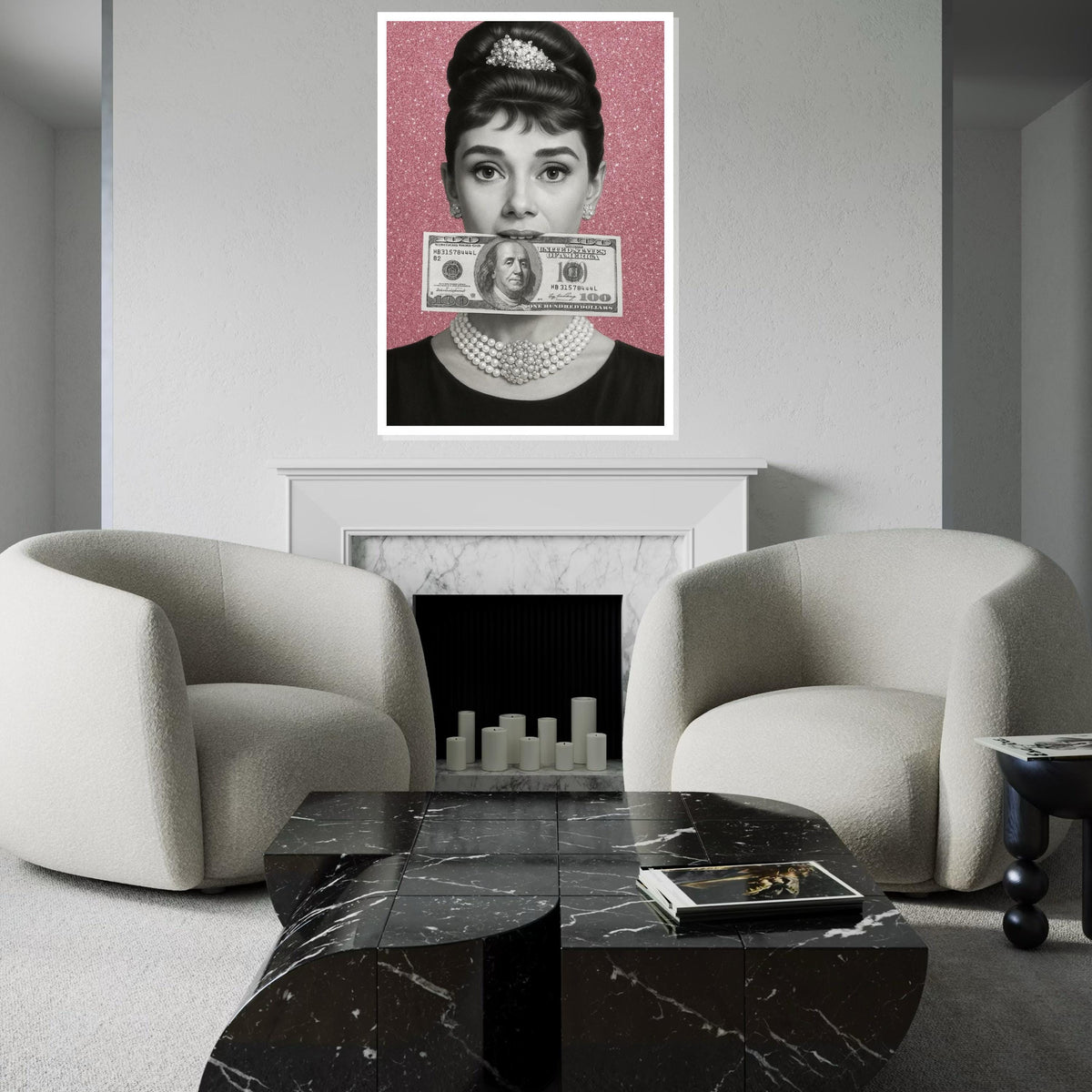 Audrey Hepburn Dollar Bill Canvas, Retro Hollywood Wall Art, Black and White Portrait, Vintage Chic Decoration, Sparkly Wall Art