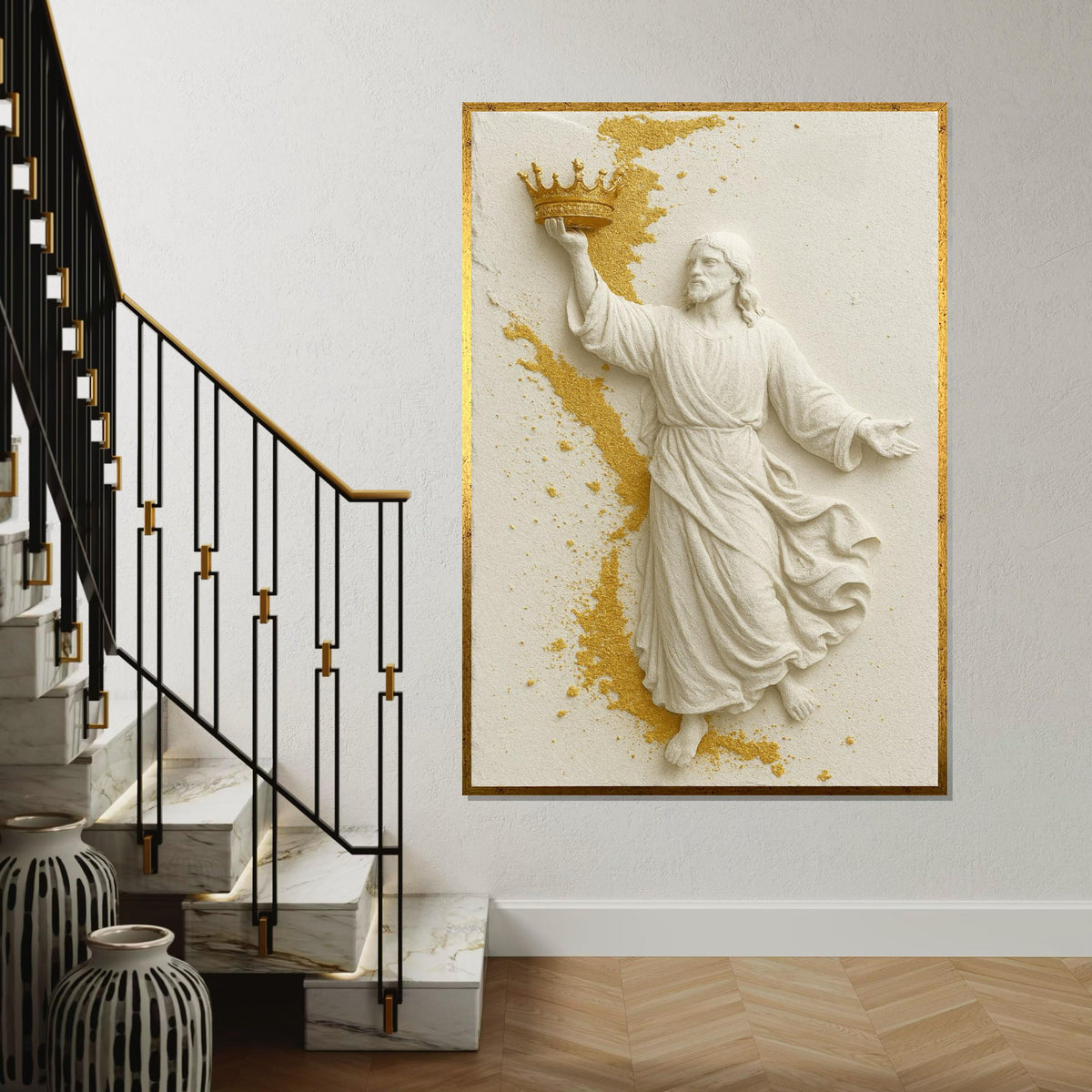 Golden Crowned Savior Canvas, Jesus Art, Religious Wall Art, Gold Accents, Inspirational Canvas Design, Ready to Hang Decoration