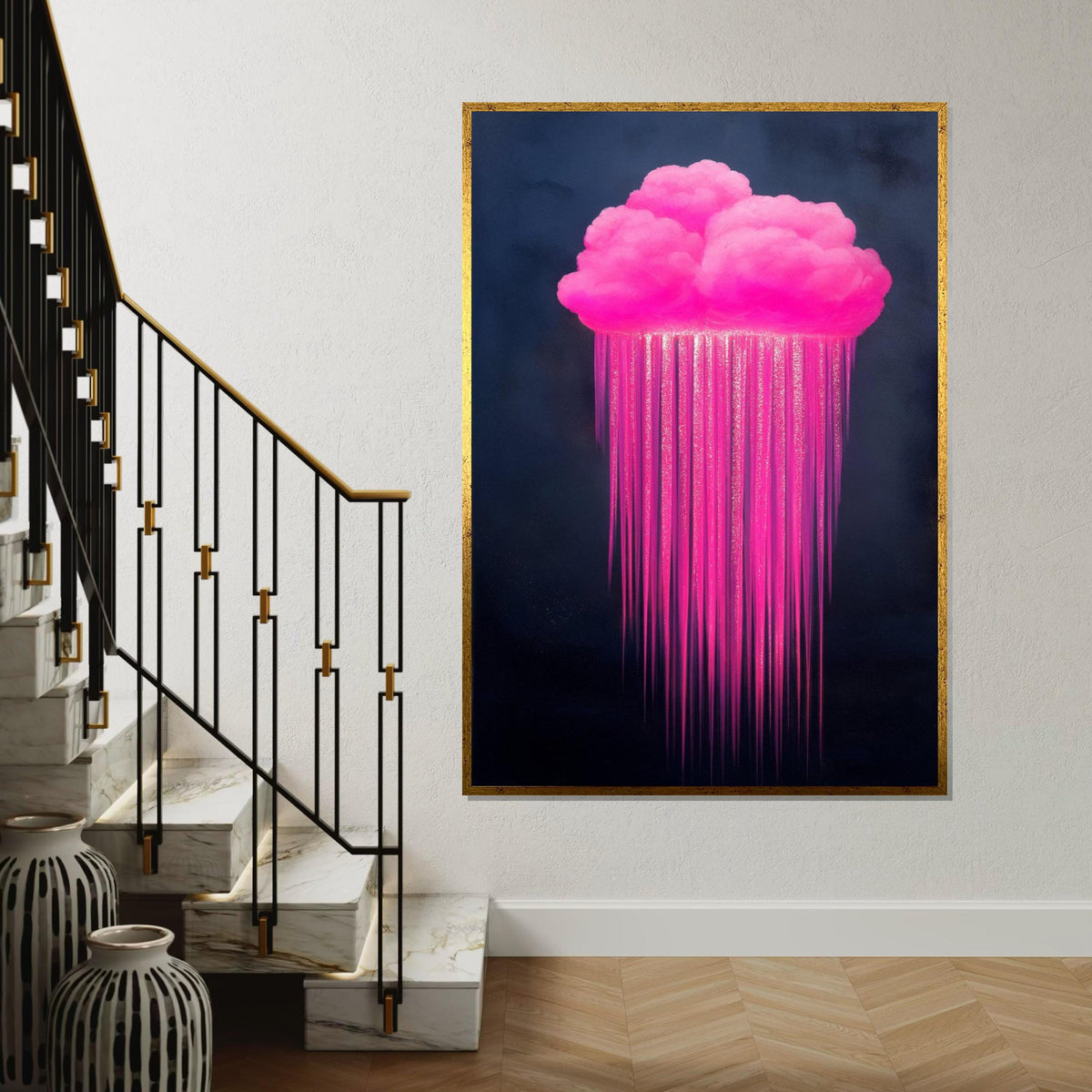 Pink Cloud Canvas, Dripping Neon Rain Art, Wall Art Canvas Design, Ready to Hang Decoration, Abstract Canvas Art Print Poster, Gift Canvas