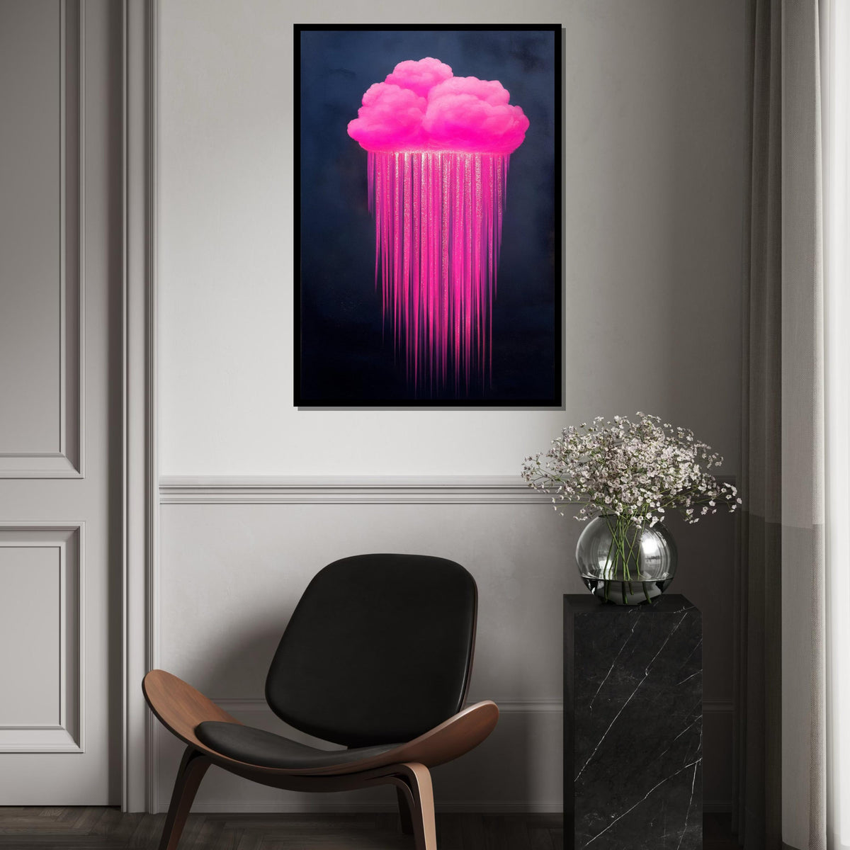 Pink Cloud Canvas, Dripping Neon Rain Art, Wall Art Canvas Design, Ready to Hang Decoration, Abstract Canvas Art Print Poster, Gift Canvas