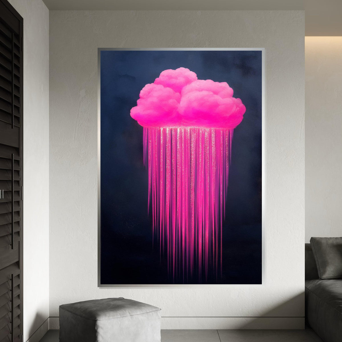 Pink Cloud Canvas, Dripping Neon Rain Art, Wall Art Canvas Design, Ready to Hang Decoration, Abstract Canvas Art Print Poster, Gift Canvas