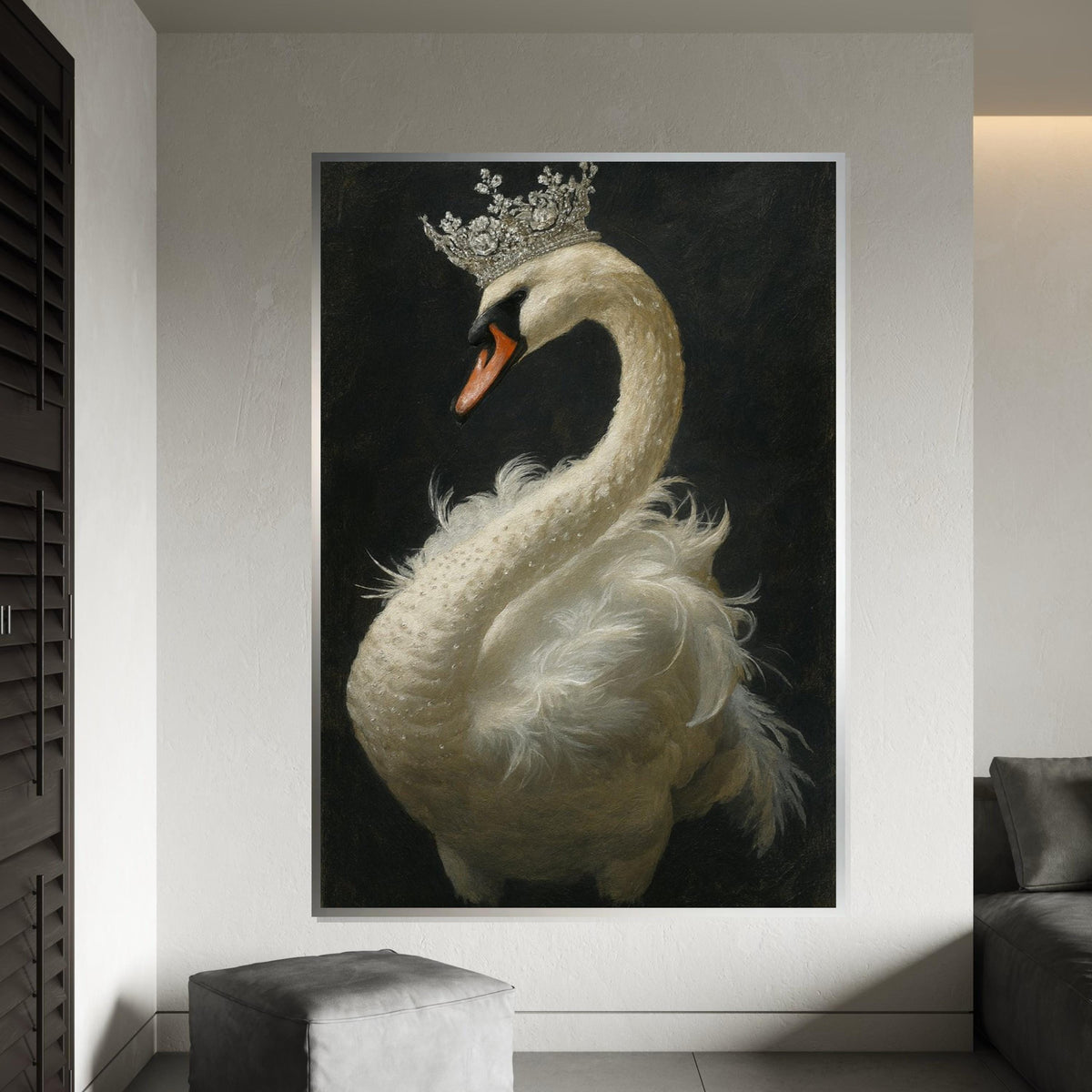 Majestic Swan Canvas, Swan with Crown Wall Art, Noble Animal Print, Elegant Swan Poster, Wall Art Canvas Design, Ready to Hang Decoration