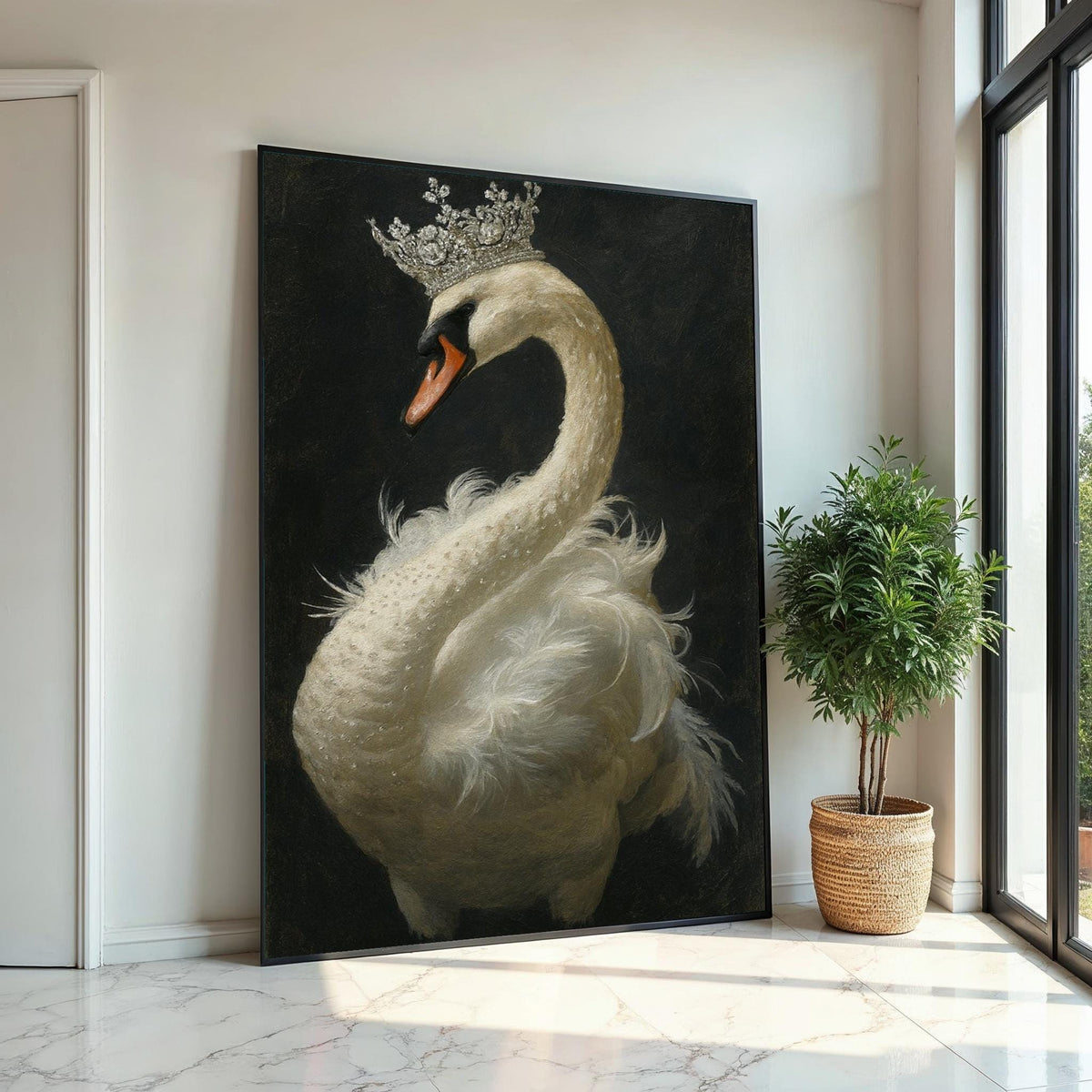 Majestic Swan Canvas, Swan with Crown Wall Art, Noble Animal Print, Elegant Swan Poster, Wall Art Canvas Design, Ready to Hang Decoration