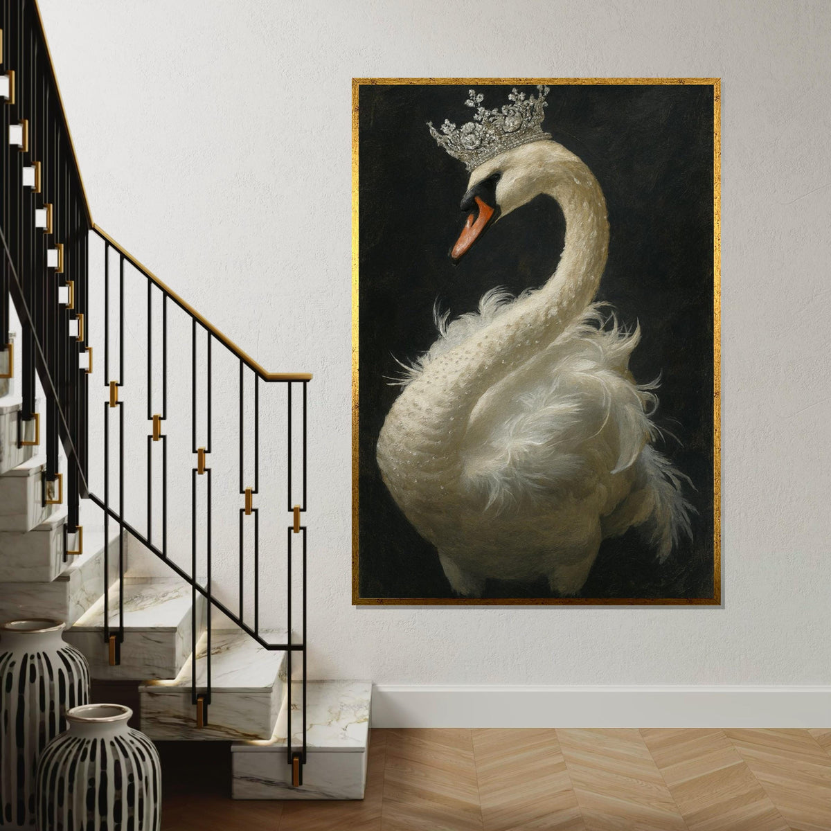 Majestic Swan Canvas, Swan with Crown Wall Art, Noble Animal Print, Elegant Swan Poster, Wall Art Canvas Design, Ready to Hang Decoration