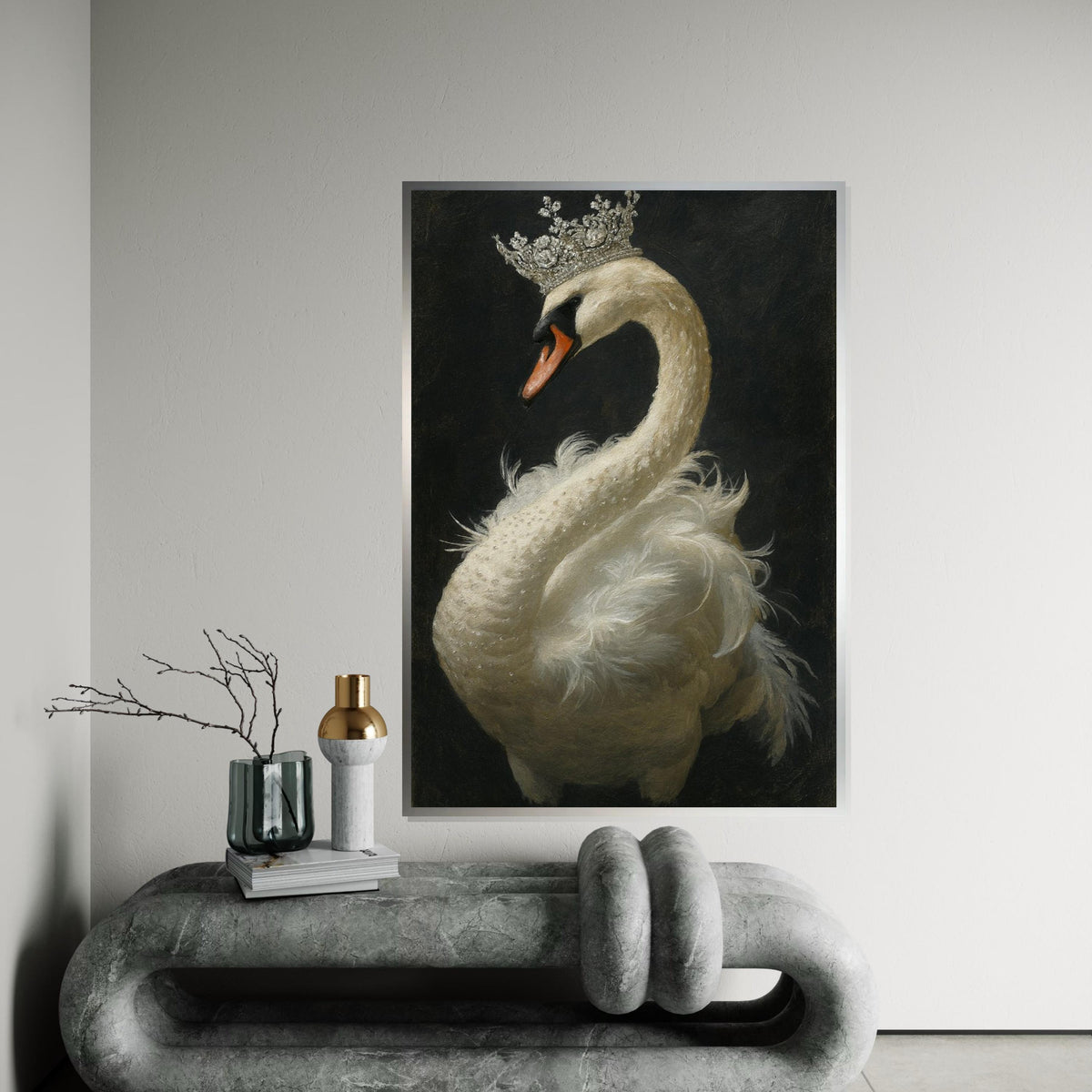 Majestic Swan Canvas, Swan with Crown Wall Art, Noble Animal Print, Elegant Swan Poster, Wall Art Canvas Design, Ready to Hang Decoration