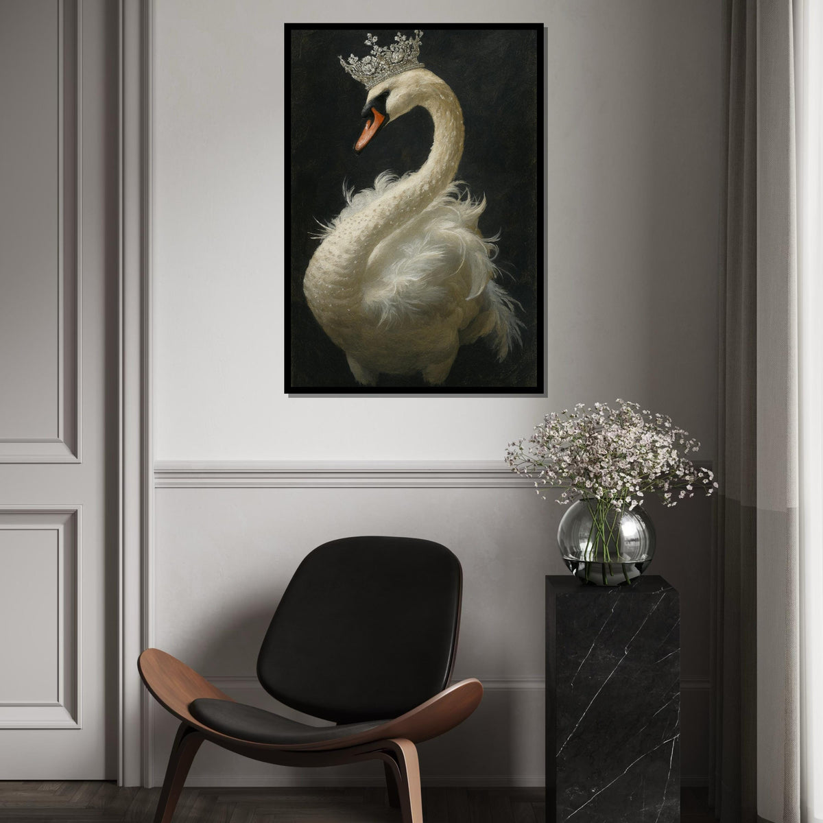 Majestic Swan Canvas, Swan with Crown Wall Art, Noble Animal Print, Elegant Swan Poster, Wall Art Canvas Design, Ready to Hang Decoration