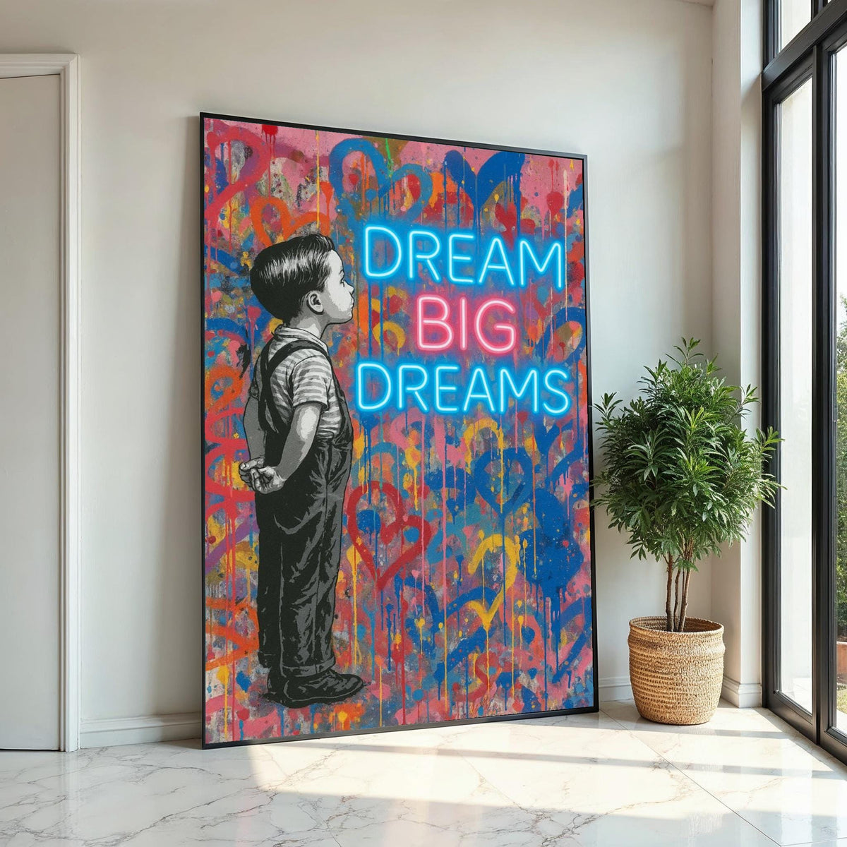 Dream Big Dreams Canvas, Inspirational Wall Art, Motivational Boy Poster, Banksy Style Art, Graffiti Canvas Design, Ready to Hang Decor