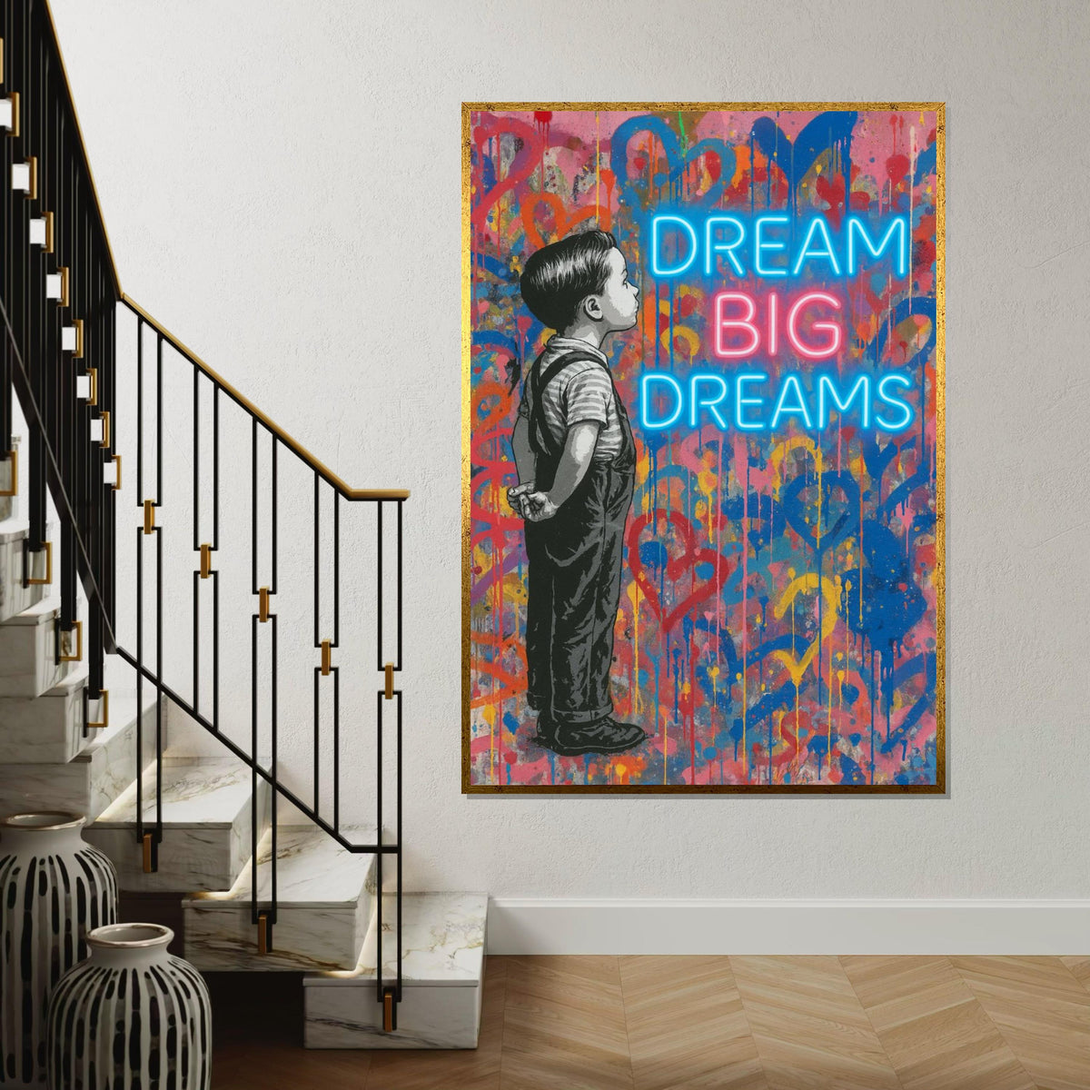 Dream Big Dreams Canvas, Inspirational Wall Art, Motivational Boy Poster, Banksy Style Art, Graffiti Canvas Design, Ready to Hang Decor