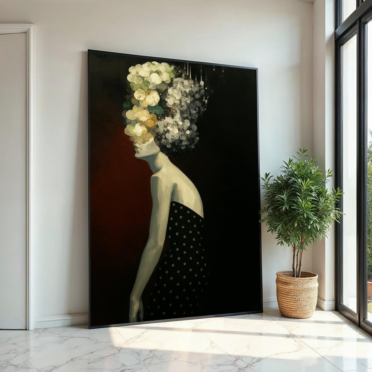 Abstract Floral Woman Canvas, Modern Art Print, Floral Hair, Black Outfit Dots, Wall Art Canvas Design,Ready To Hang Decoration,Print Canvas