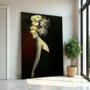 Abstract Floral Woman Canvas, Modern Art Print, Floral Hair, Black Outfit Dots, Wall Art Canvas Design,Ready To Hang Decoration,Print Canvas
