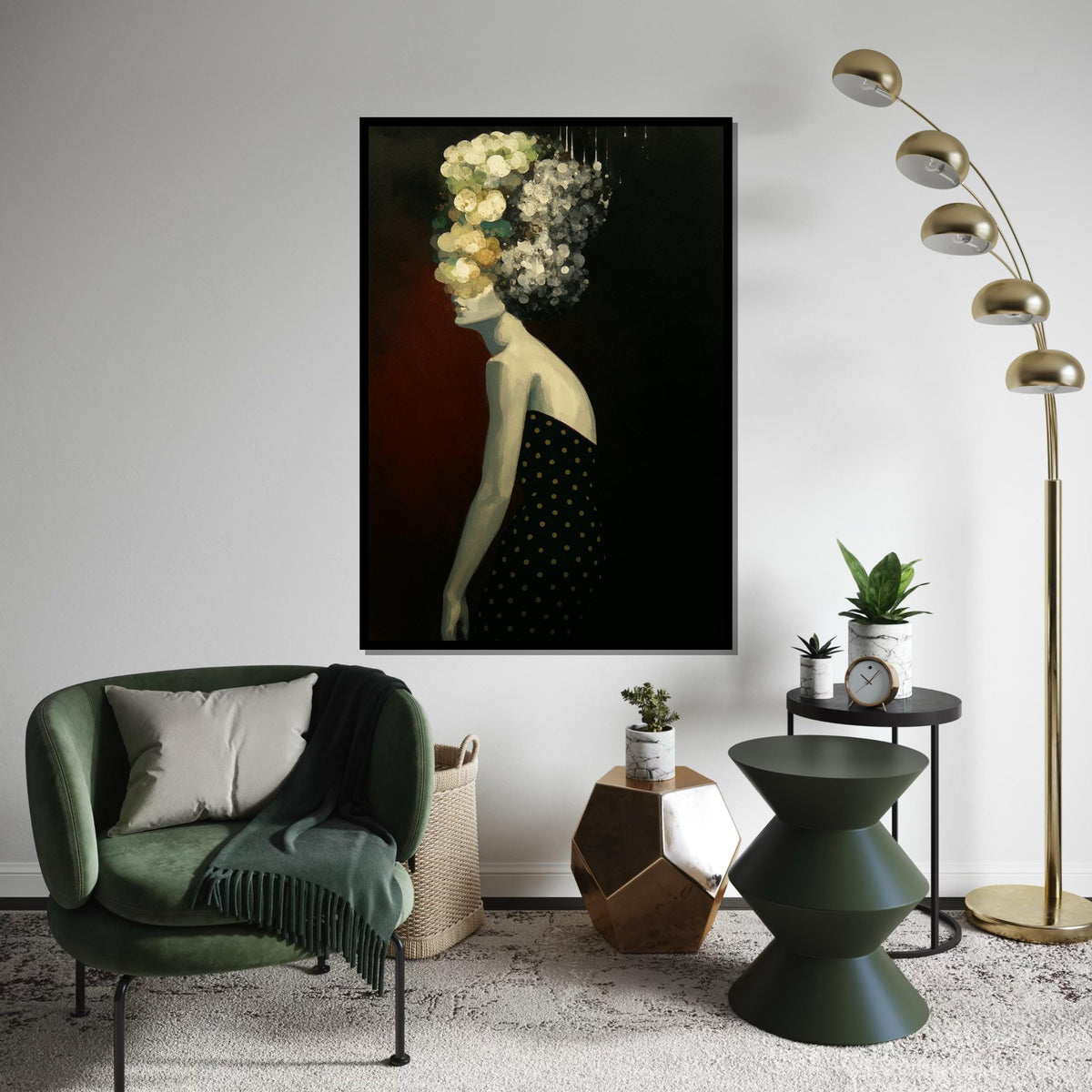Abstract Floral Woman Canvas, Modern Art Print, Floral Hair, Black Outfit Dots, Wall Art Canvas Design,Ready To Hang Decoration,Print Canvas