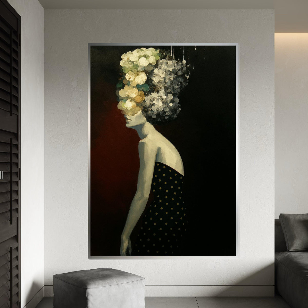 Abstract Floral Woman Canvas, Modern Art Print, Floral Hair, Black Outfit Dots, Wall Art Canvas Design,Ready To Hang Decoration,Print Canvas