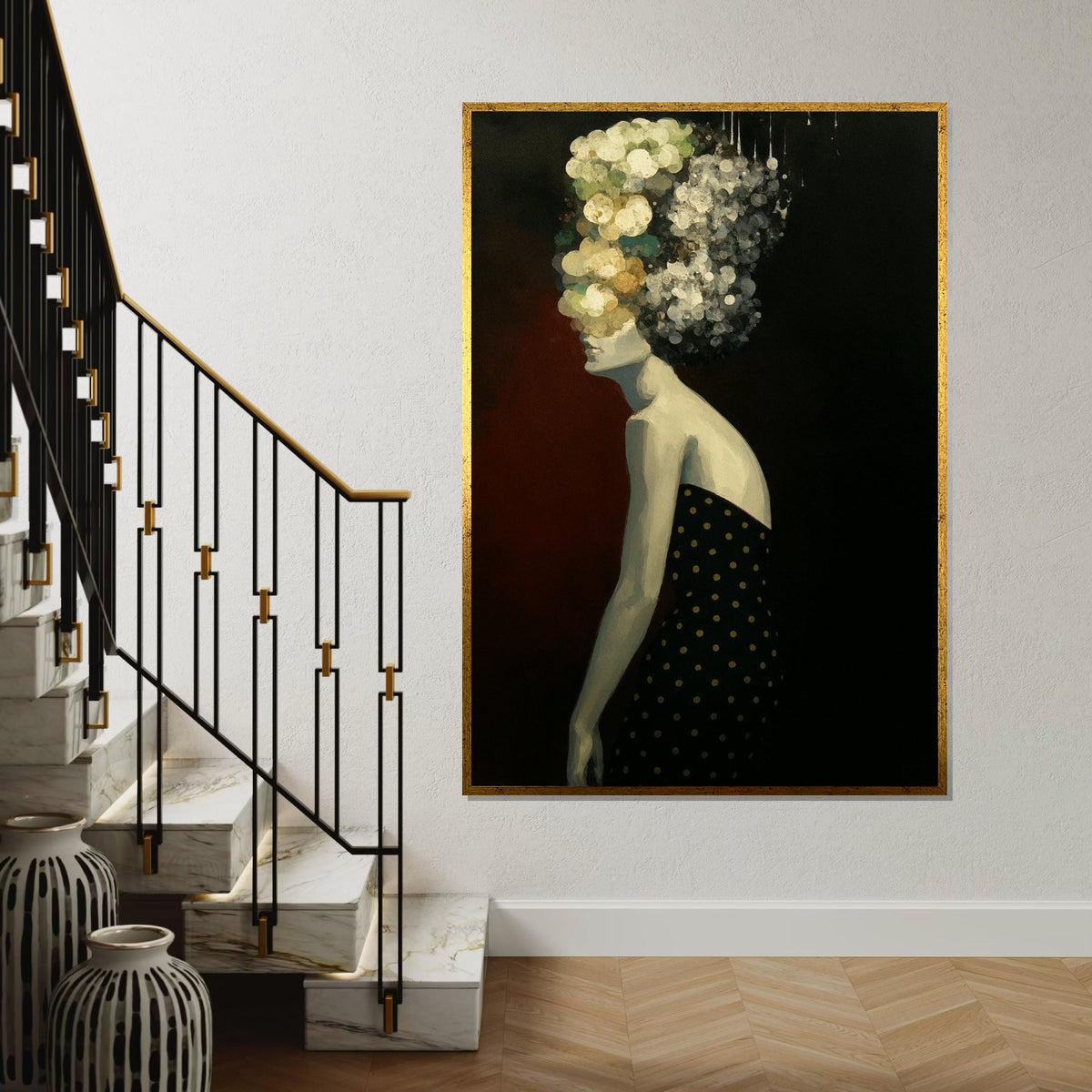 Abstract Floral Woman Canvas, Modern Art Print, Floral Hair, Black Outfit Dots, Wall Art Canvas Design,Ready To Hang Decoration,Print Canvas