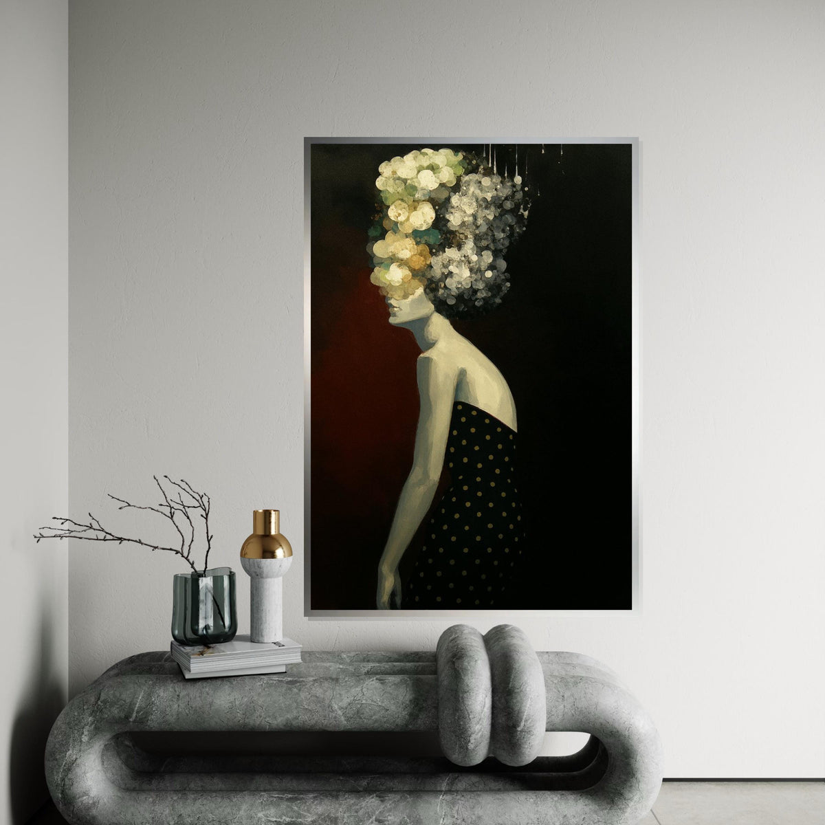 Abstract Floral Woman Canvas, Modern Art Print, Floral Hair, Black Outfit Dots, Wall Art Canvas Design,Ready To Hang Decoration,Print Canvas