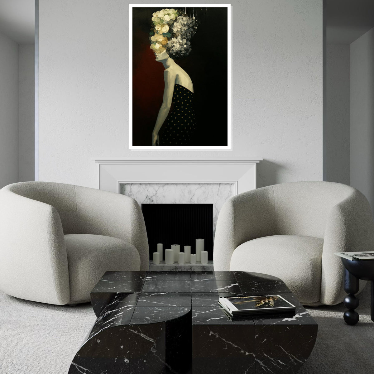 Abstract Floral Woman Canvas, Modern Art Print, Floral Hair, Black Outfit Dots, Wall Art Canvas Design,Ready To Hang Decoration,Print Canvas