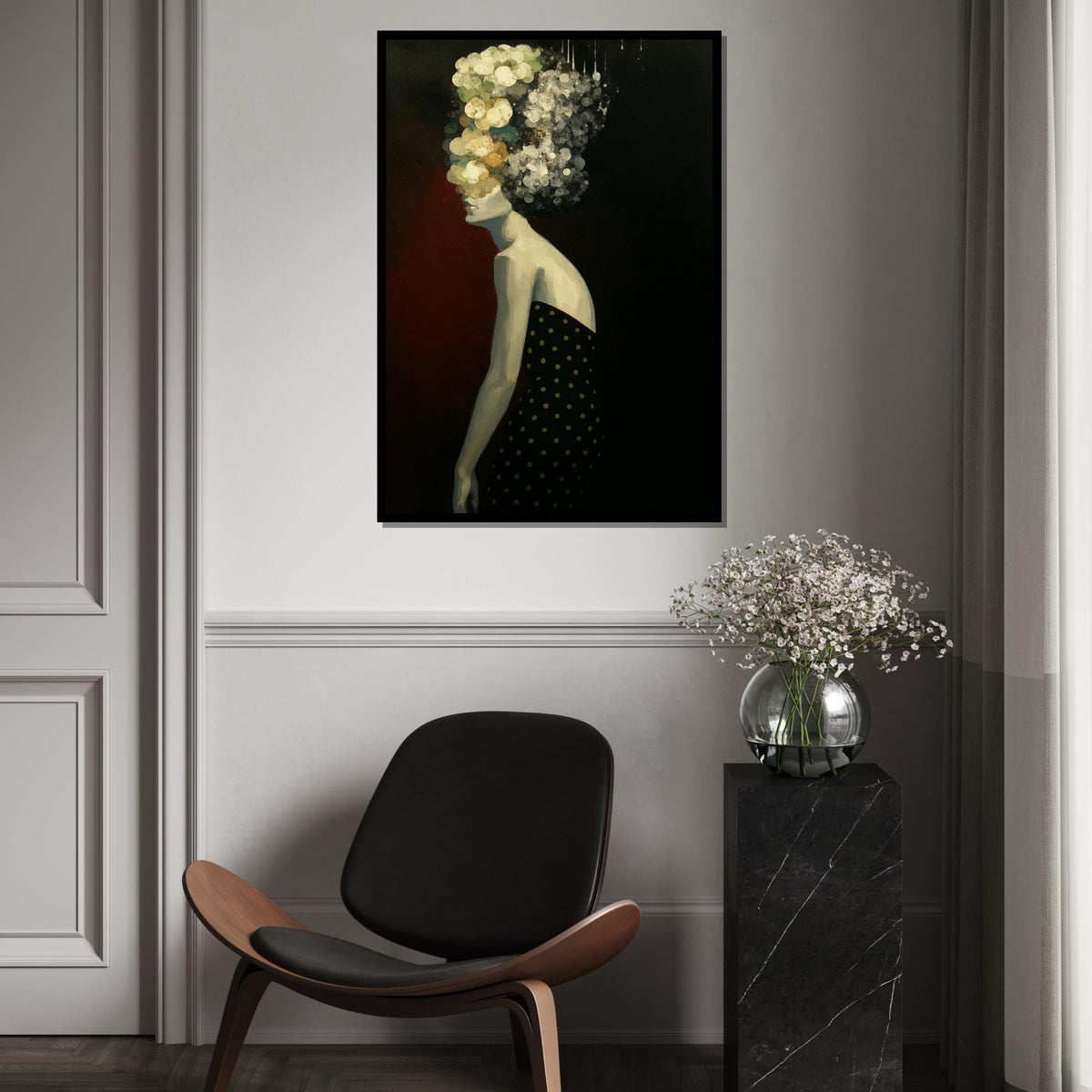 Abstract Floral Woman Canvas, Modern Art Print, Floral Hair, Black Outfit Dots, Wall Art Canvas Design,Ready To Hang Decoration,Print Canvas