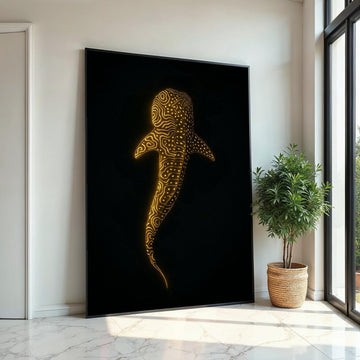 Glowing Whale Shark Canvas Art, Ocean Luminescence Poster, Animal Wall Art, Gold Pattern Decor, Wall Art Canvas Design, Ready to Hang