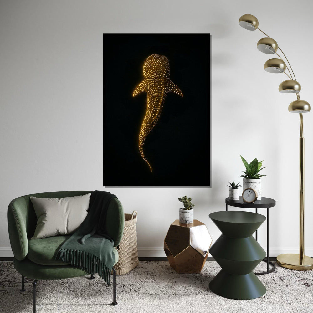 Glowing Whale Shark Canvas Art, Ocean Luminescence Poster, Animal Wall Art, Gold Pattern Decor, Wall Art Canvas Design, Ready to Hang
