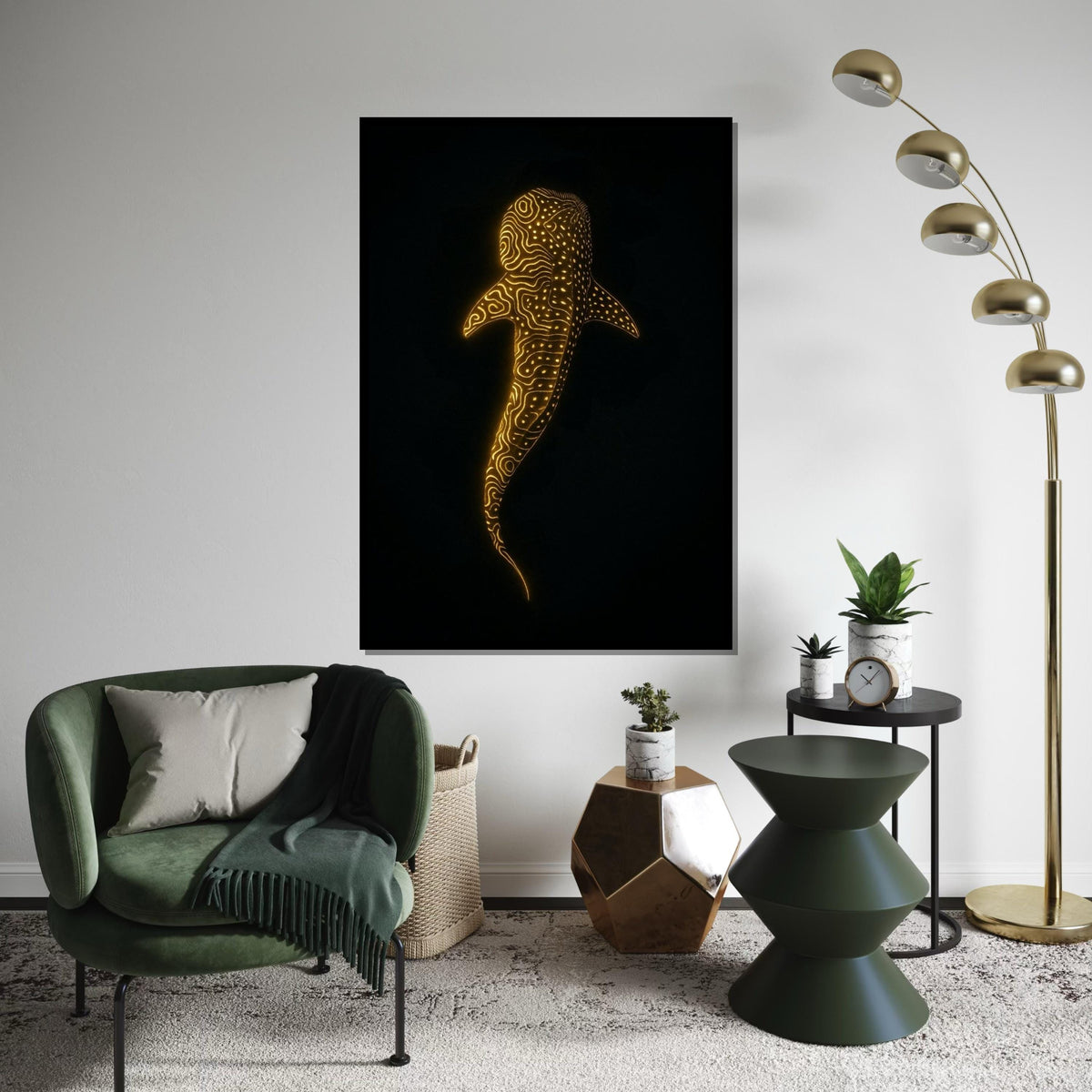Glowing Whale Shark Canvas Art, Ocean Luminescence Poster, Animal Wall Art, Gold Pattern Decor, Wall Art Canvas Design, Ready to Hang