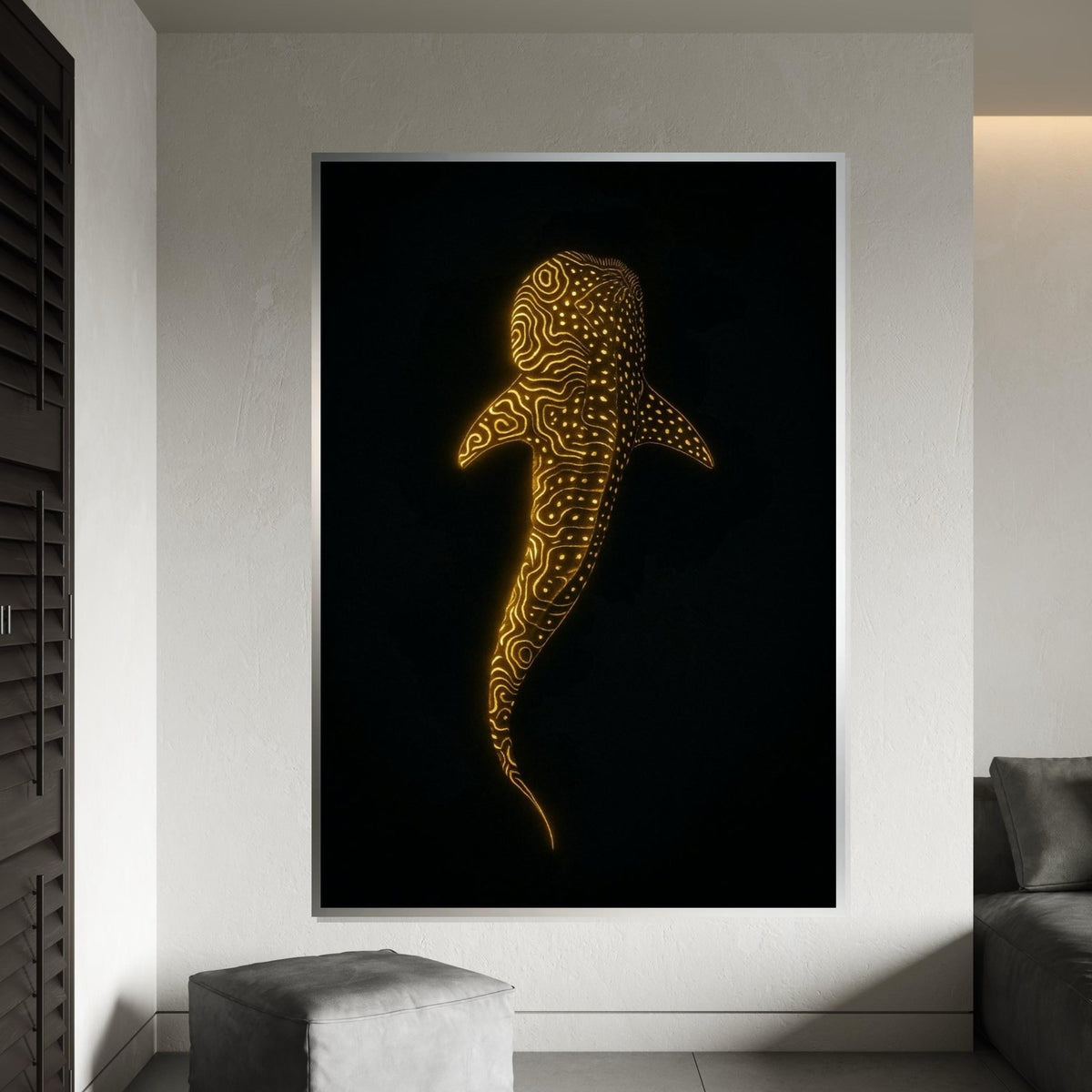 Glowing Whale Shark Canvas Art, Ocean Luminescence Poster, Animal Wall Art, Gold Pattern Decor, Wall Art Canvas Design, Ready to Hang