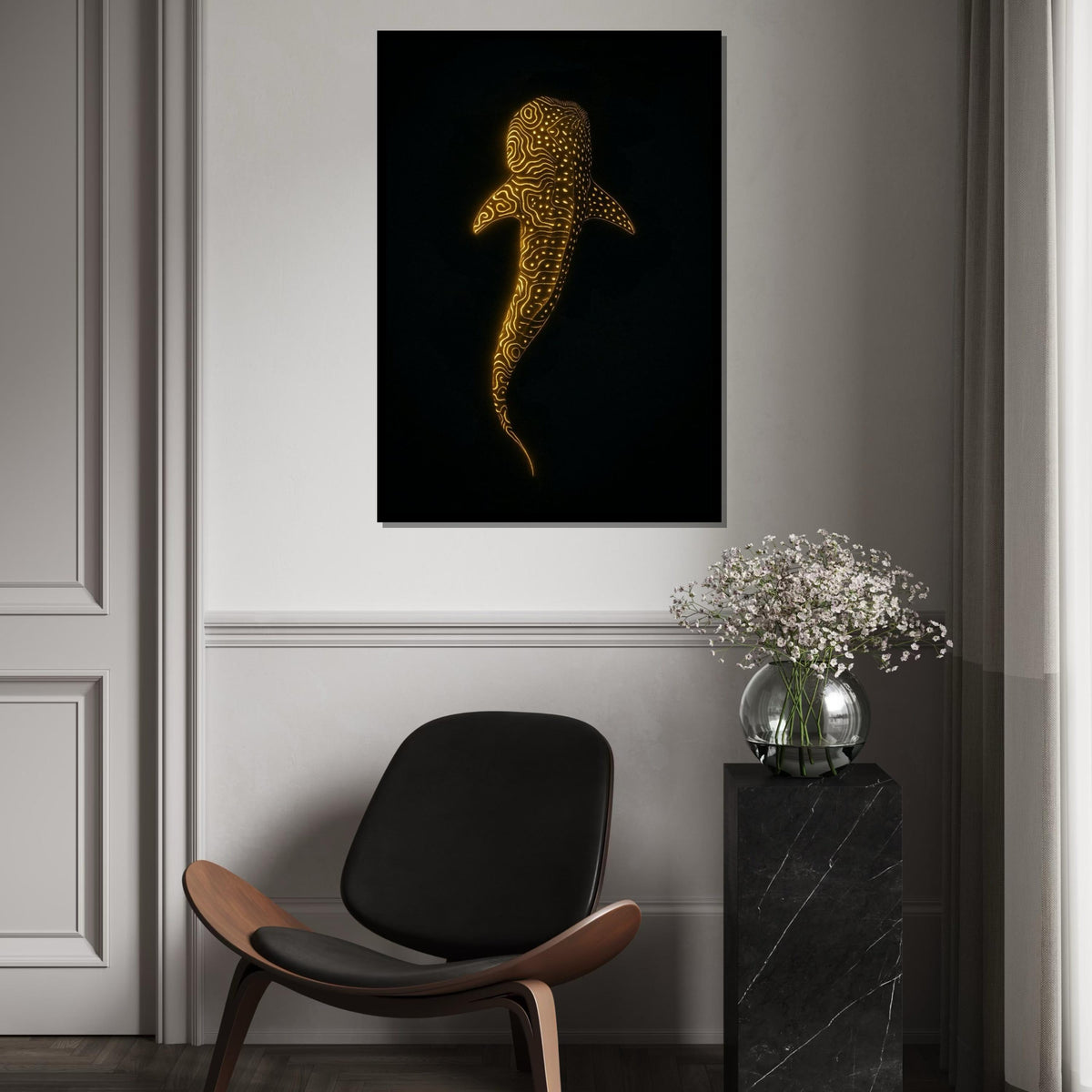 Glowing Whale Shark Canvas Art, Ocean Luminescence Poster, Animal Wall Art, Gold Pattern Decor, Wall Art Canvas Design, Ready to Hang