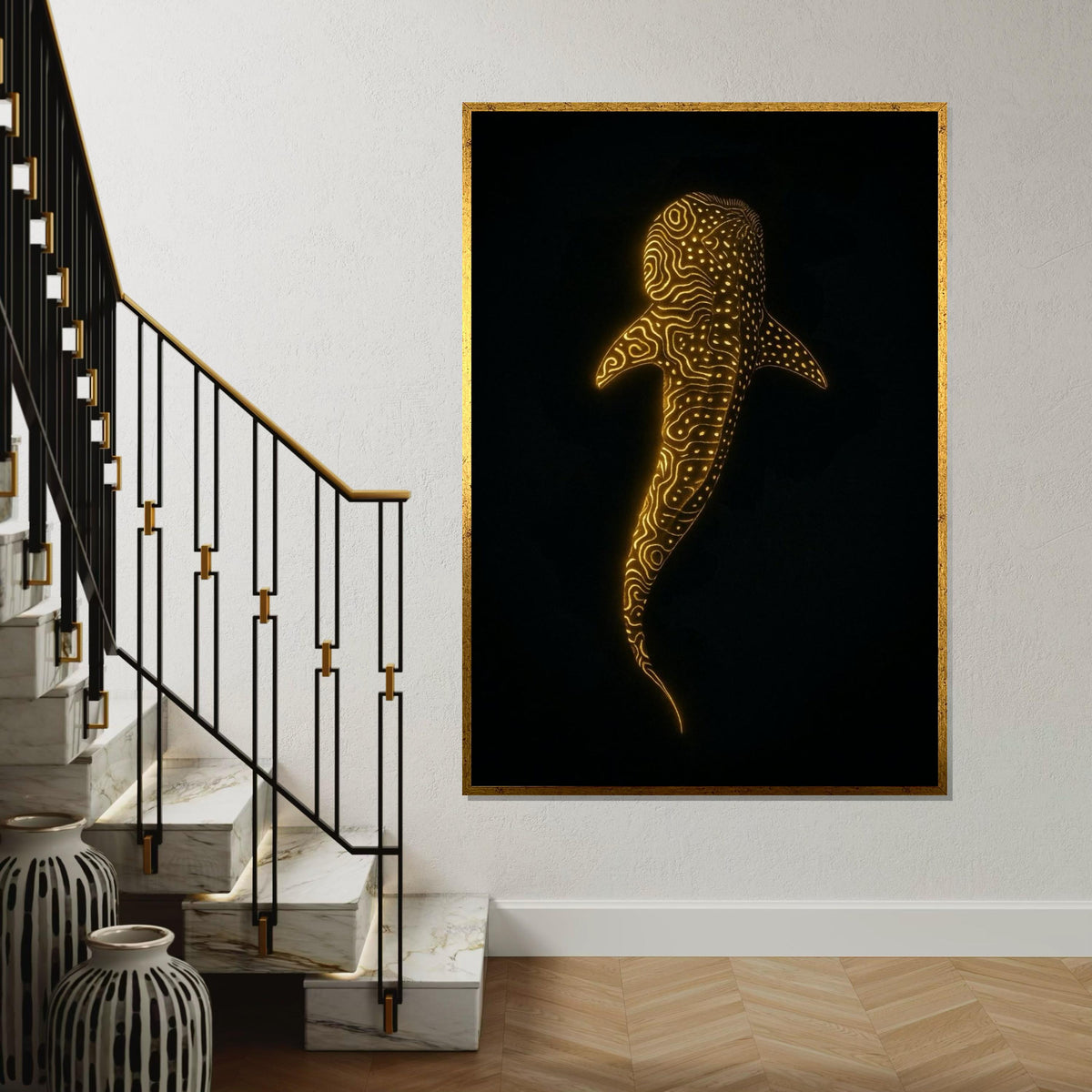 Glowing Whale Shark Canvas Art, Ocean Luminescence Poster, Animal Wall Art, Gold Pattern Decor, Wall Art Canvas Design, Ready to Hang