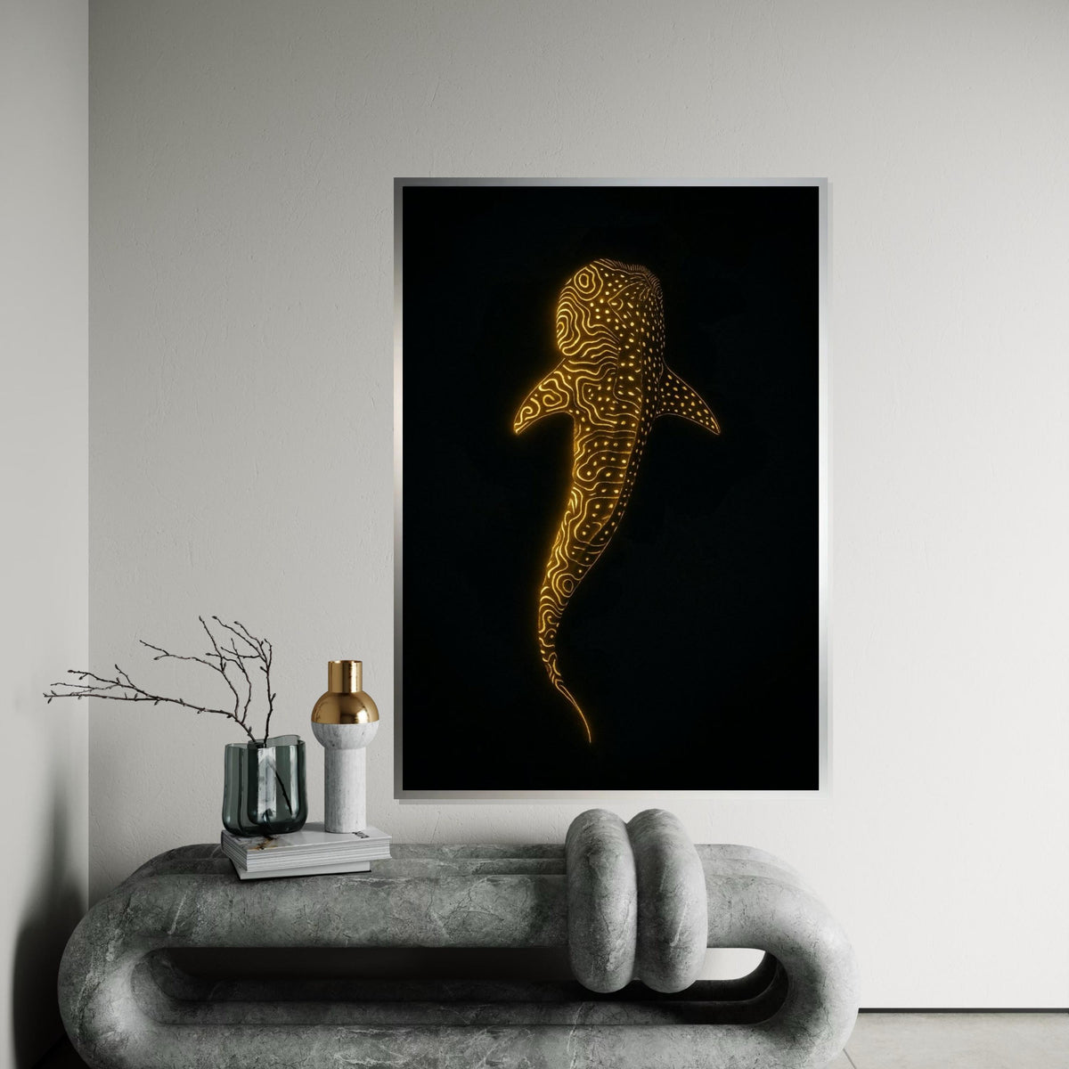 Glowing Whale Shark Canvas Art, Ocean Luminescence Poster, Animal Wall Art, Gold Pattern Decor, Wall Art Canvas Design, Ready to Hang