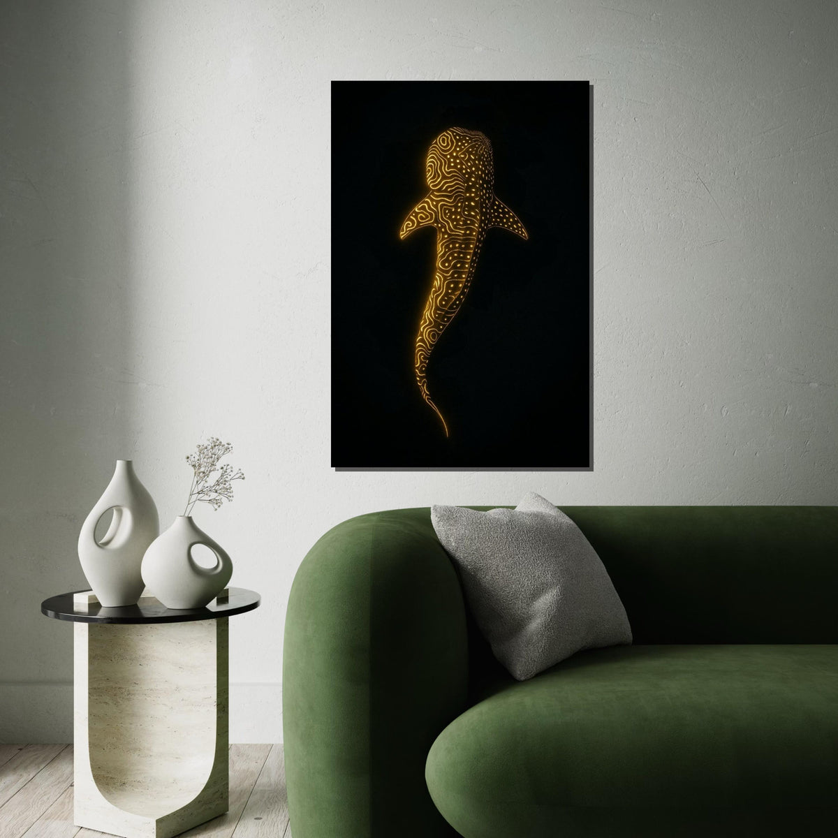 Glowing Whale Shark Canvas Art, Ocean Luminescence Poster, Animal Wall Art, Gold Pattern Decor, Wall Art Canvas Design, Ready to Hang