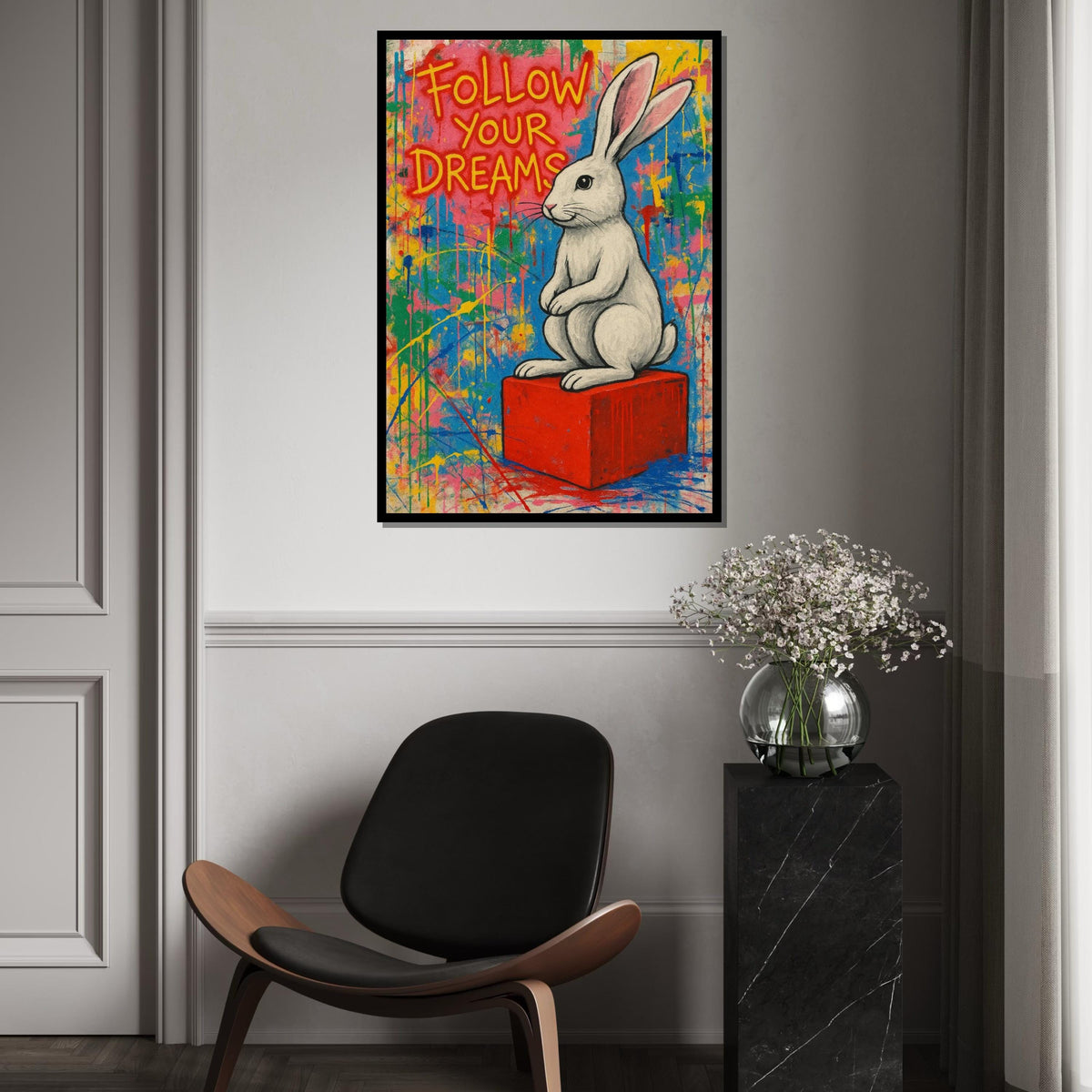 Graffiti Bunny Canvas, Follow Your Dreams Poster, Banksy Style Art, Wall Art Canvas Design, Ready To Hang Decoration, Inspirational Gift