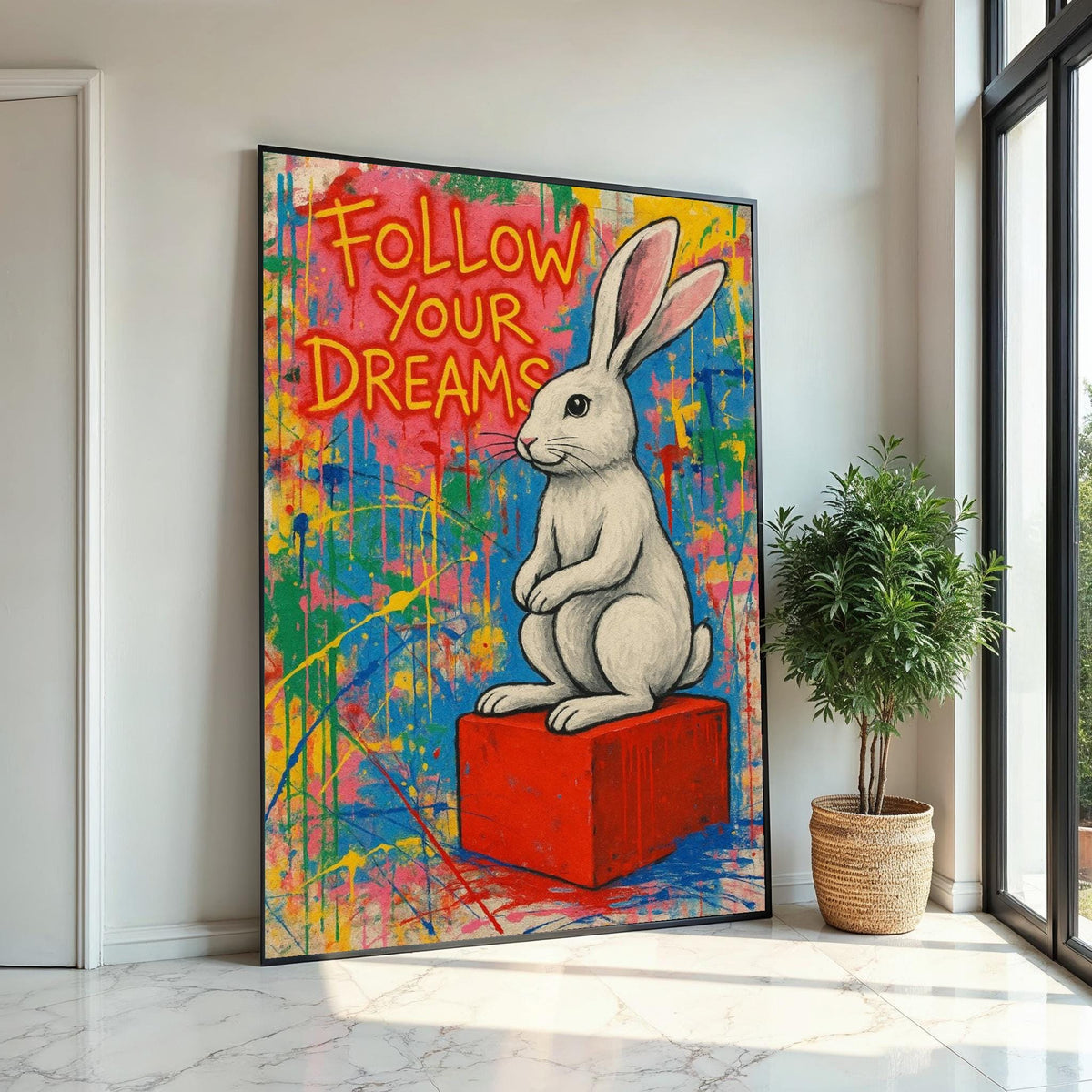 Graffiti Bunny Canvas, Follow Your Dreams Poster, Banksy Style Art, Wall Art Canvas Design, Ready To Hang Decoration, Inspirational Gift