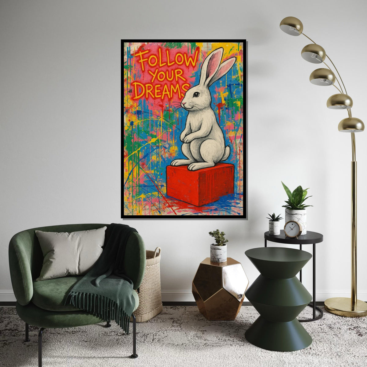 Graffiti Bunny Canvas, Follow Your Dreams Poster, Banksy Style Art, Wall Art Canvas Design, Ready To Hang Decoration, Inspirational Gift