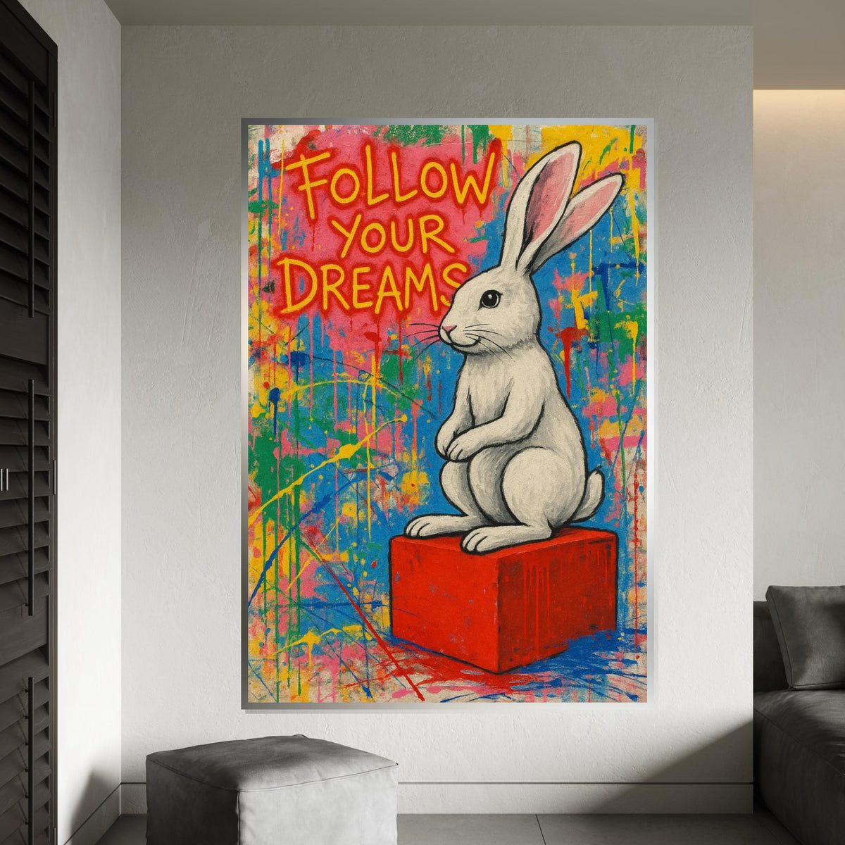 Graffiti Bunny Canvas, Follow Your Dreams Poster, Banksy Style Art, Wall Art Canvas Design, Ready To Hang Decoration, Inspirational Gift