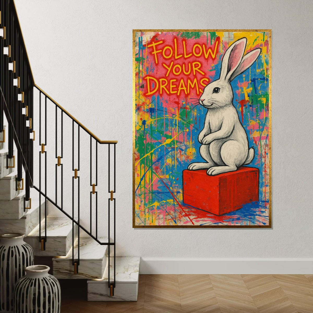Graffiti Bunny Canvas, Follow Your Dreams Poster, Banksy Style Art, Wall Art Canvas Design, Ready To Hang Decoration, Inspirational Gift