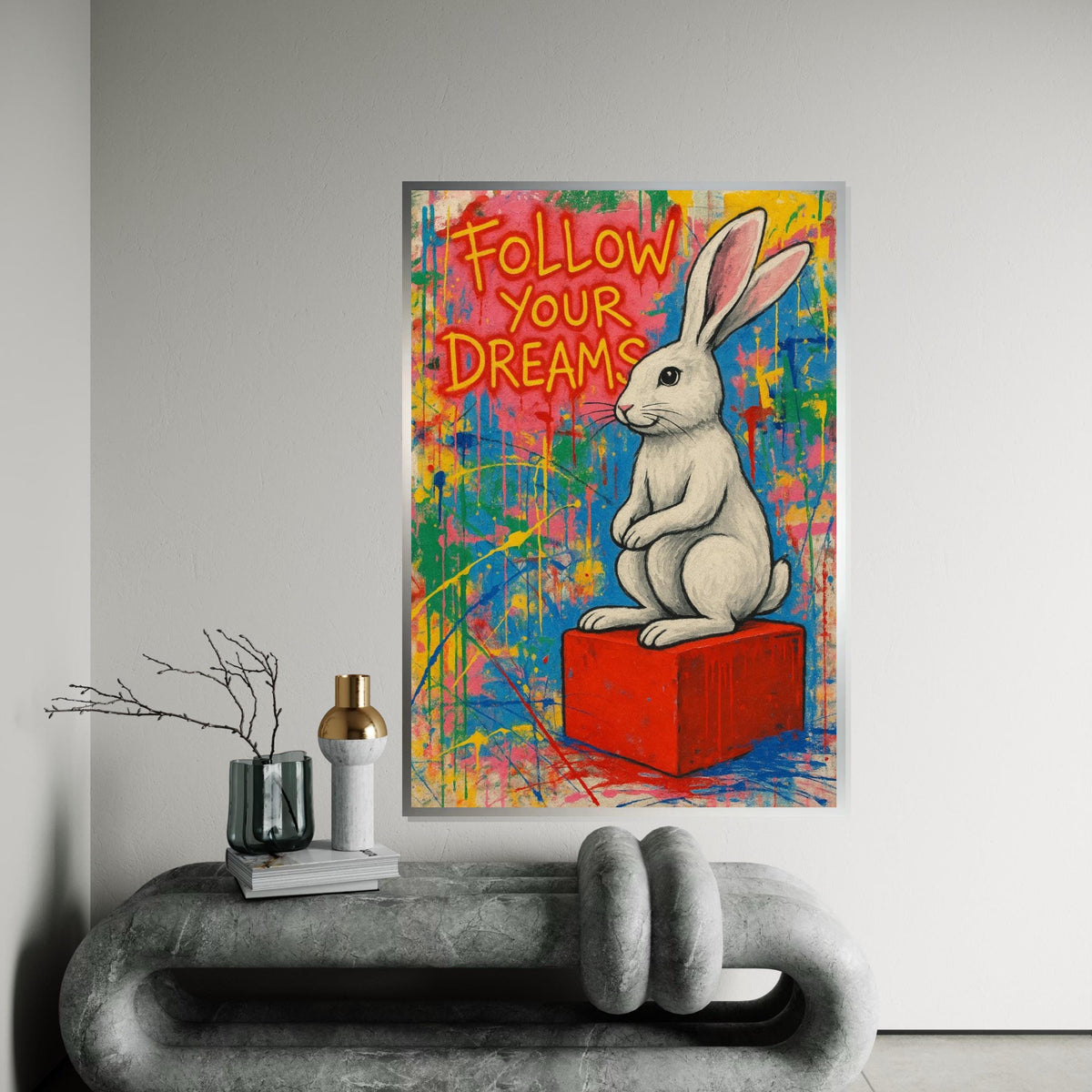Graffiti Bunny Canvas, Follow Your Dreams Poster, Banksy Style Art, Wall Art Canvas Design, Ready To Hang Decoration, Inspirational Gift