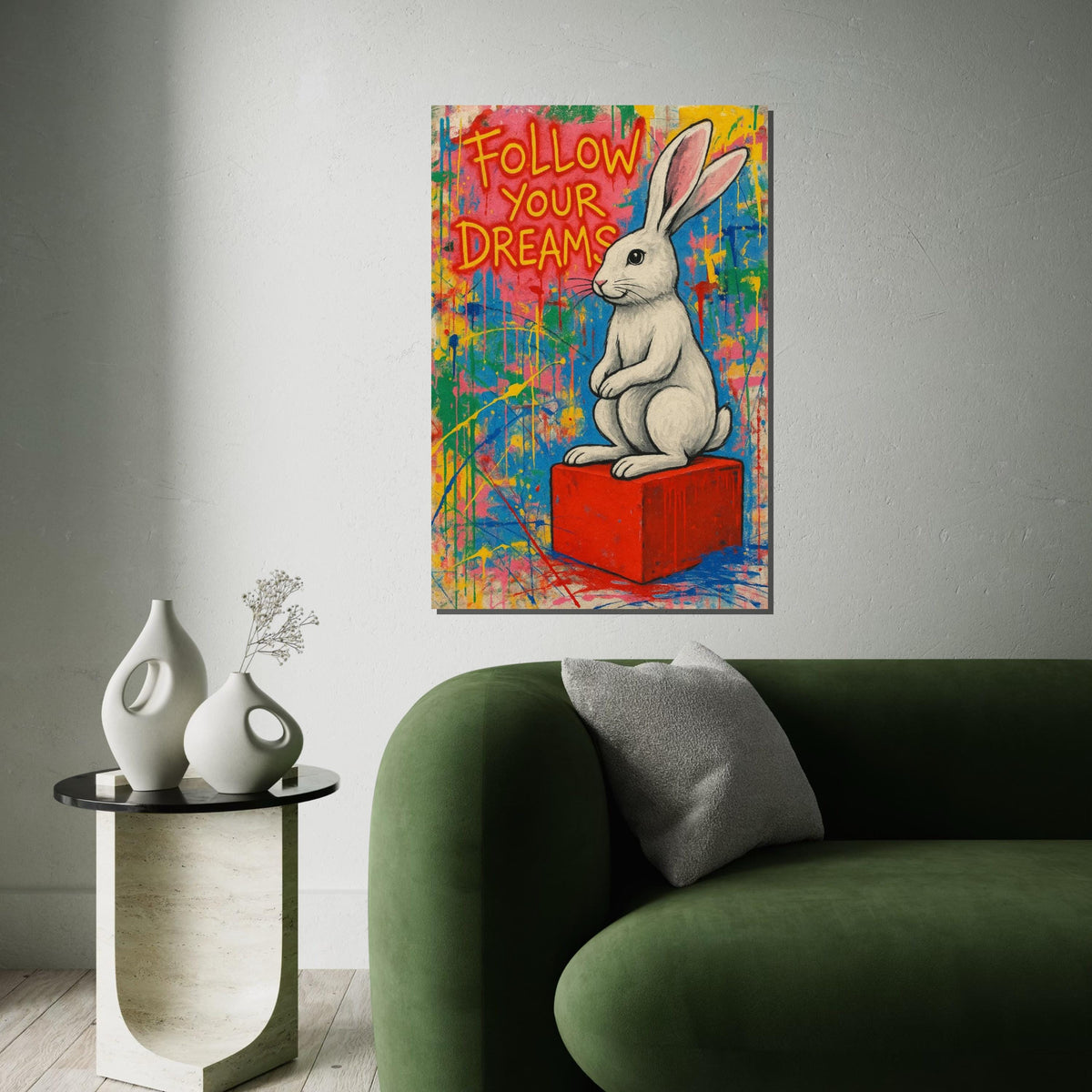 Graffiti Bunny Canvas, Follow Your Dreams Poster, Banksy Style Art, Wall Art Canvas Design, Ready To Hang Decoration, Inspirational Gift