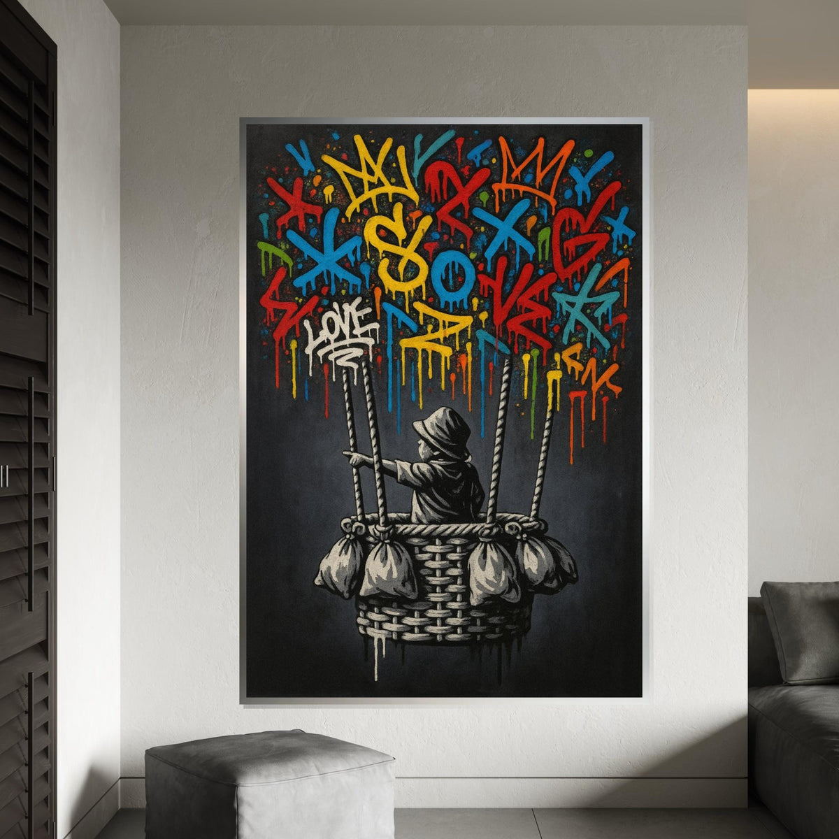 Graffiti Child in Basket, Street Art Canvas, Colorful Graffiti Wall Art, Urban Poster, Wall Art Canvas Design, Ready To Hang Decoration