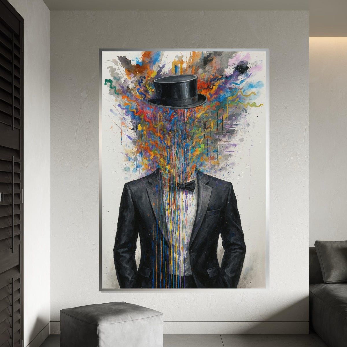 Abstract Gentleman Canvas, Colorful Suit Art, Headless Top Hat Design, Wall Art Canvas, Surreal Poster, Ready to Hang Decoration