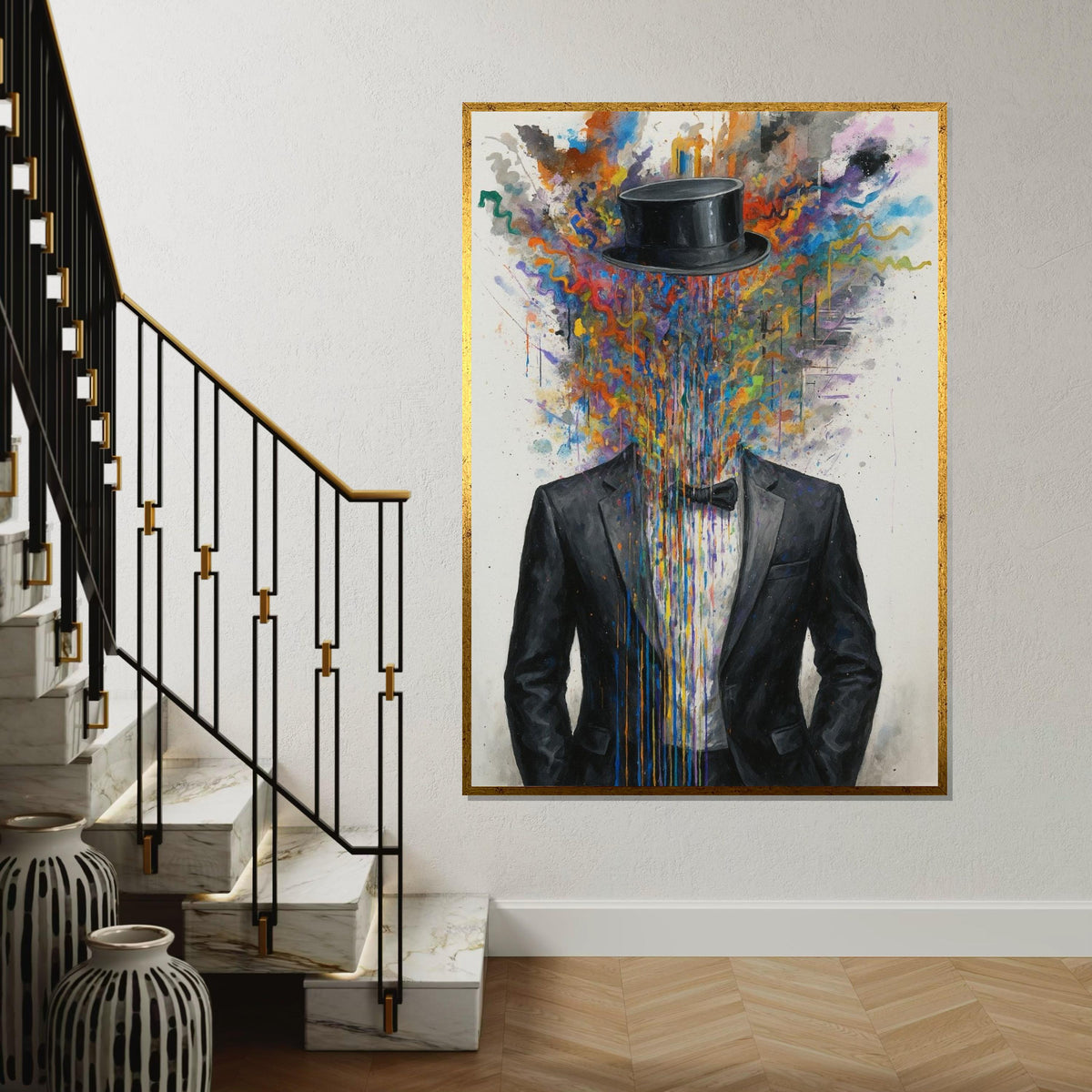 Abstract Gentleman Canvas, Colorful Suit Art, Headless Top Hat Design, Wall Art Canvas, Surreal Poster, Ready to Hang Decoration