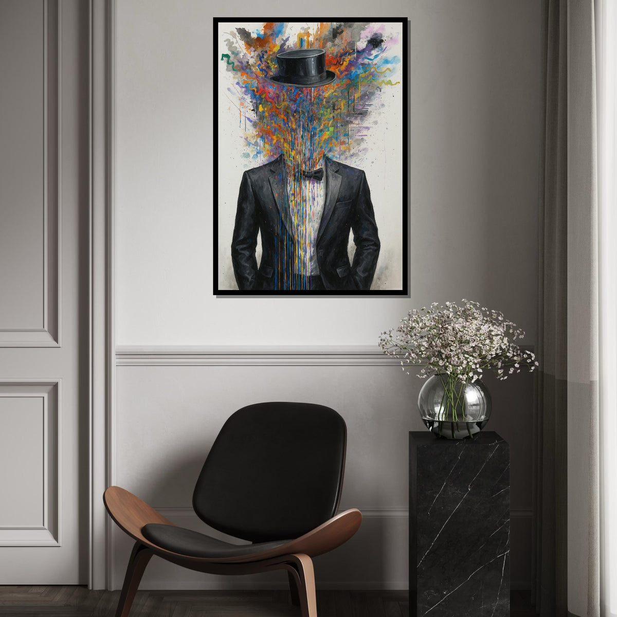 Abstract Gentleman Canvas, Colorful Suit Art, Headless Top Hat Design, Wall Art Canvas, Surreal Poster, Ready to Hang Decoration