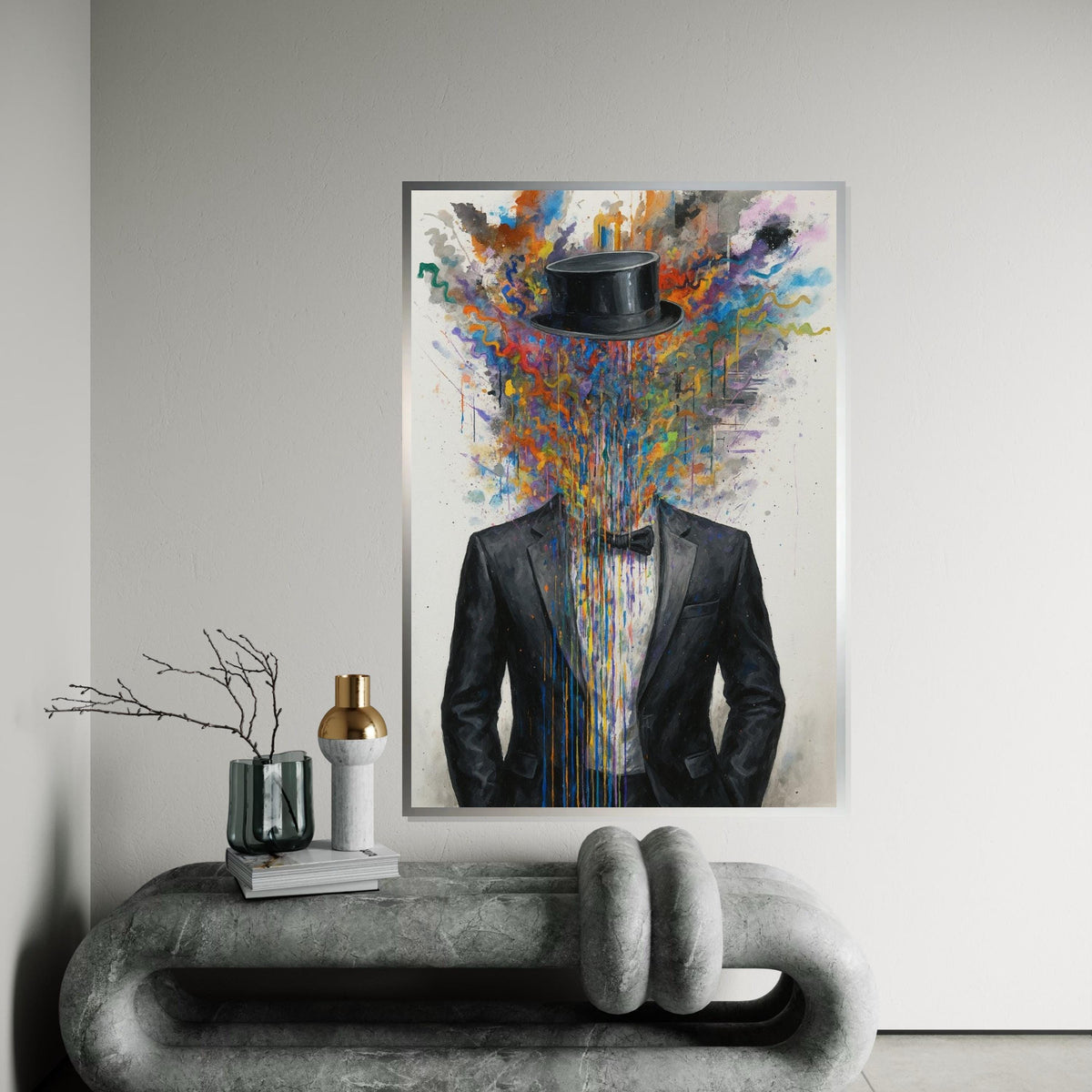 Abstract Gentleman Canvas, Colorful Suit Art, Headless Top Hat Design, Wall Art Canvas, Surreal Poster, Ready to Hang Decoration