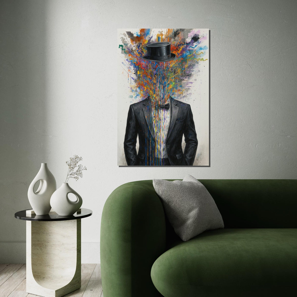 Abstract Gentleman Canvas, Colorful Suit Art, Headless Top Hat Design, Wall Art Canvas, Surreal Poster, Ready to Hang Decoration