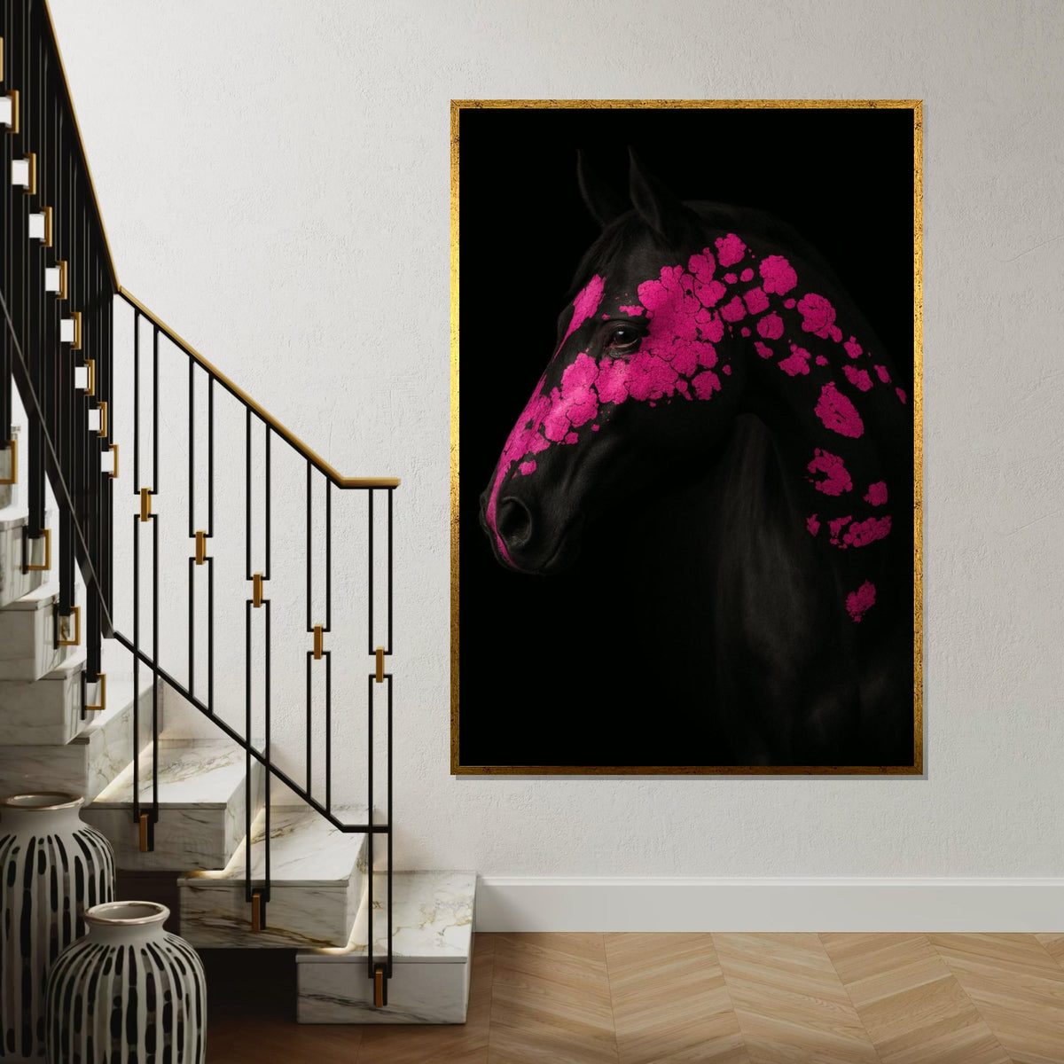 Pink Patterned Horse Canvas, Floral Horse Art, Animal Wall Art, Vibrant Horse Print, Wall Art Canvas Design, Ready to Hang Decoration