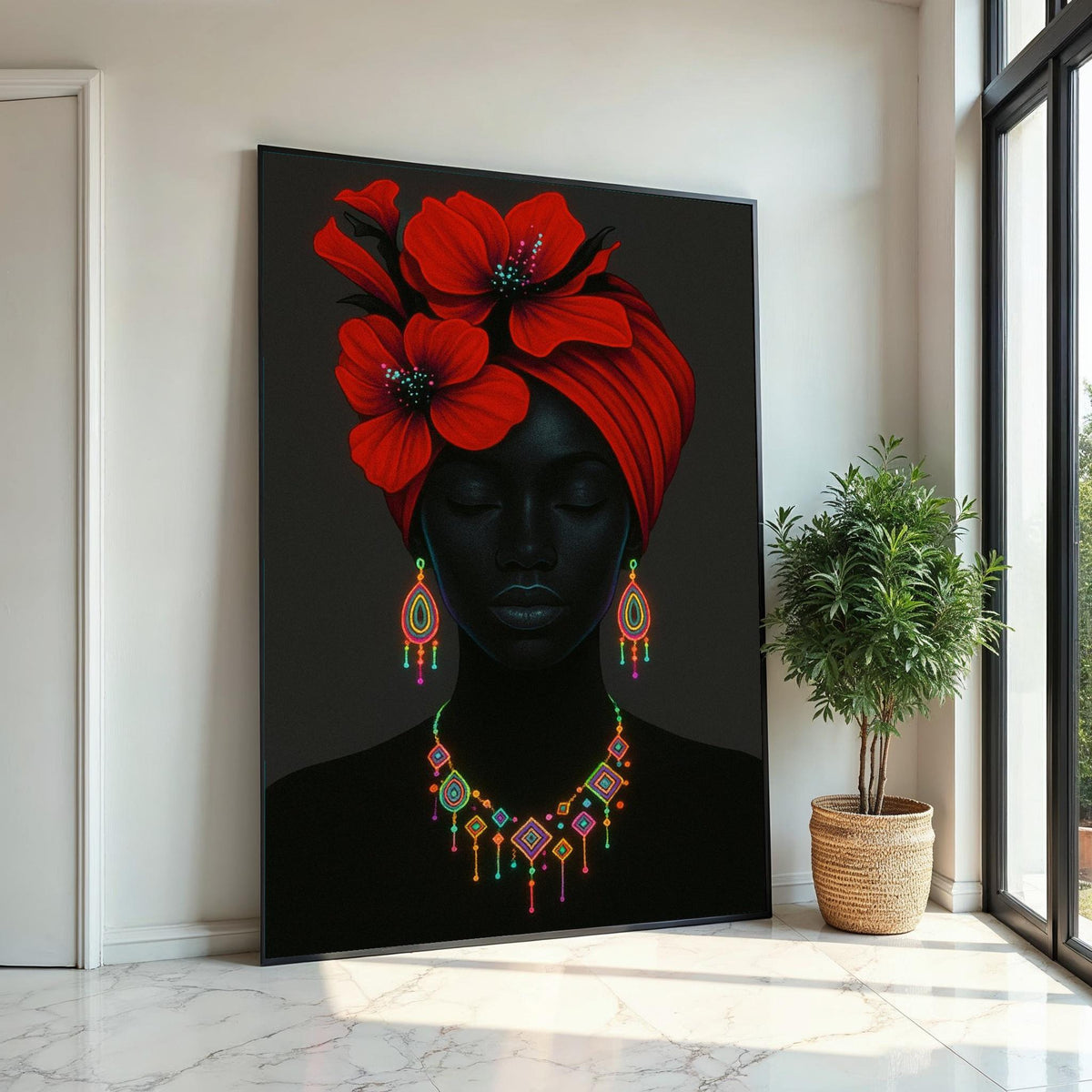 Elegant Red Flower Headwrap, Neon Jewelry Art, Afrocentric Canvas, Vibrant Wall Art Design, Ready to Hang Décor, Portrait Poster