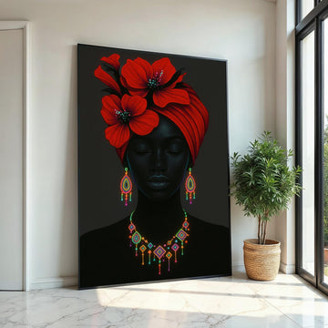 Elegant Red Flower Headwrap, Neon Jewelry Art, Afrocentric Canvas, Vibrant Wall Art Design, Ready to Hang Décor, Portrait Poster