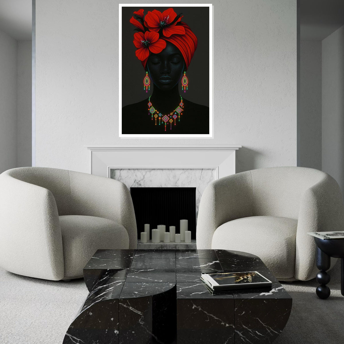 Elegant Red Flower Headwrap, Neon Jewelry Art, Afrocentric Canvas, Vibrant Wall Art Design, Ready to Hang Décor, Portrait Poster