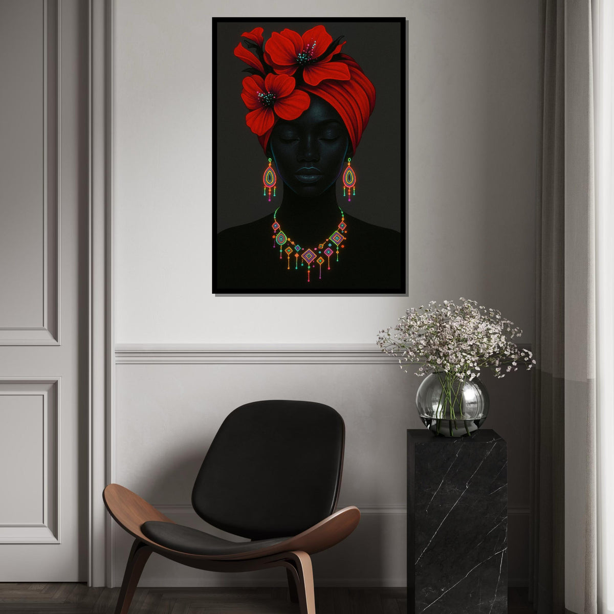 Elegant Red Flower Headwrap, Neon Jewelry Art, Afrocentric Canvas, Vibrant Wall Art Design, Ready to Hang Décor, Portrait Poster