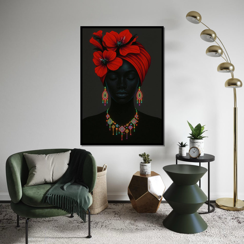 Elegant Red Flower Headwrap, Neon Jewelry Art, Afrocentric Canvas, Vibrant Wall Art Design, Ready to Hang Décor, Portrait Poster