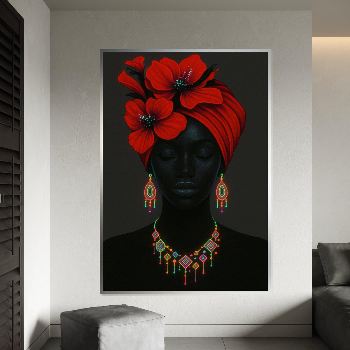 Elegant Red Flower Headwrap, Neon Jewelry Art, Afrocentric Canvas, Vibrant Wall Art Design, Ready to Hang Décor, Portrait Poster