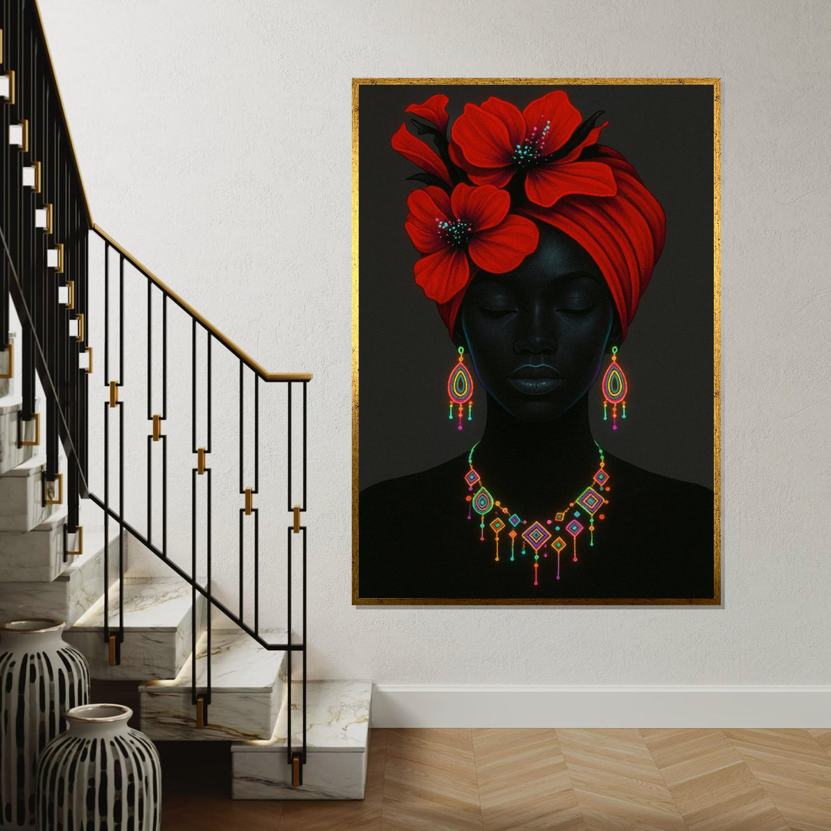 Elegant Red Flower Headwrap, Neon Jewelry Art, Afrocentric Canvas, Vibrant Wall Art Design, Ready to Hang Décor, Portrait Poster
