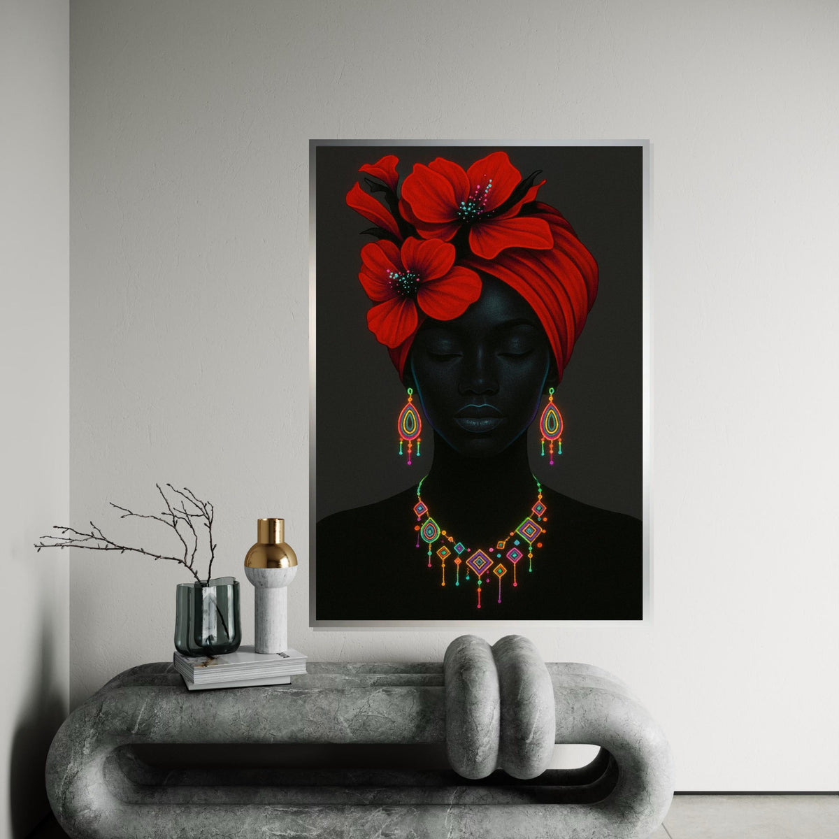 Elegant Red Flower Headwrap, Neon Jewelry Art, Afrocentric Canvas, Vibrant Wall Art Design, Ready to Hang Décor, Portrait Poster
